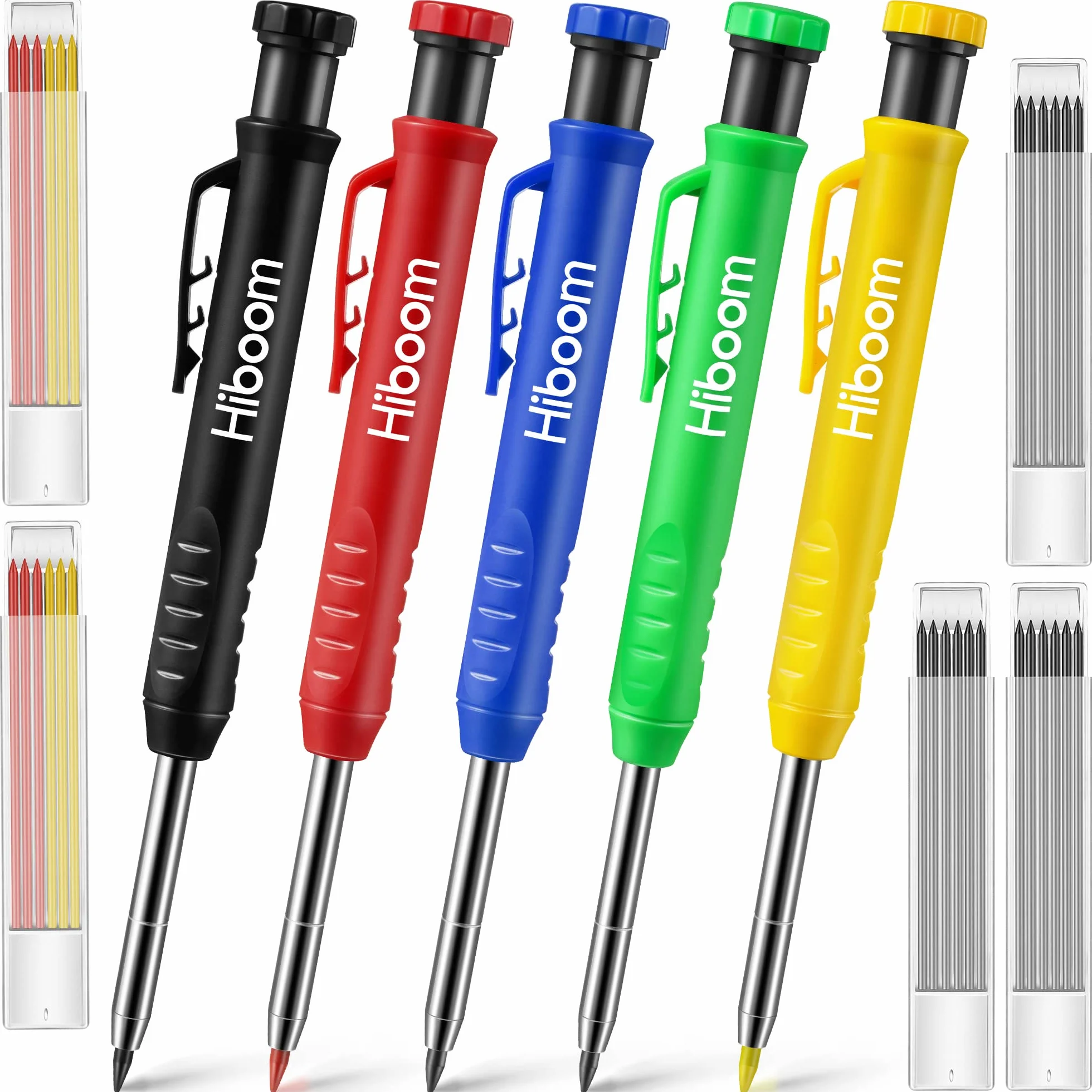 Hiboom 5 Lápices de Carpintero Mecánico 30 Recargas Marcador de Orificio de Punta de Aguja con Sacapuntas Integrado, Herramientas de Hacer de Escribas (Amarillo, Rojo, Verde, Azul, Negro)