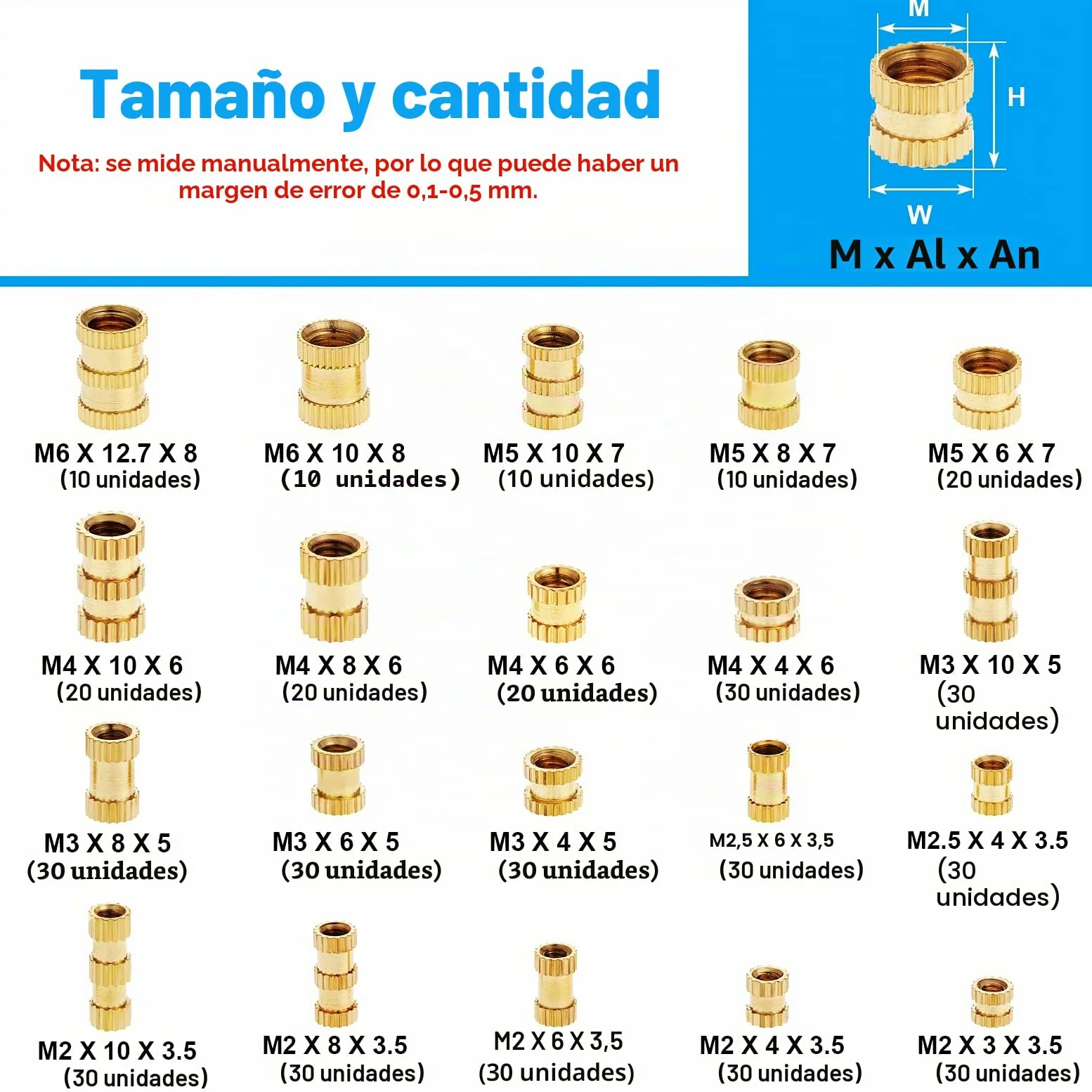 Gueenky 480 Piezas Tuercas Moleteadas de Latón, M2 M2,5 M3 M4 M5 M6 Tuercas de Inserción Insertos Roscados, 20 Tamaños Tuercas de Incrustación para Moldeo por Calor o Ultrasonido en Impresora 3D