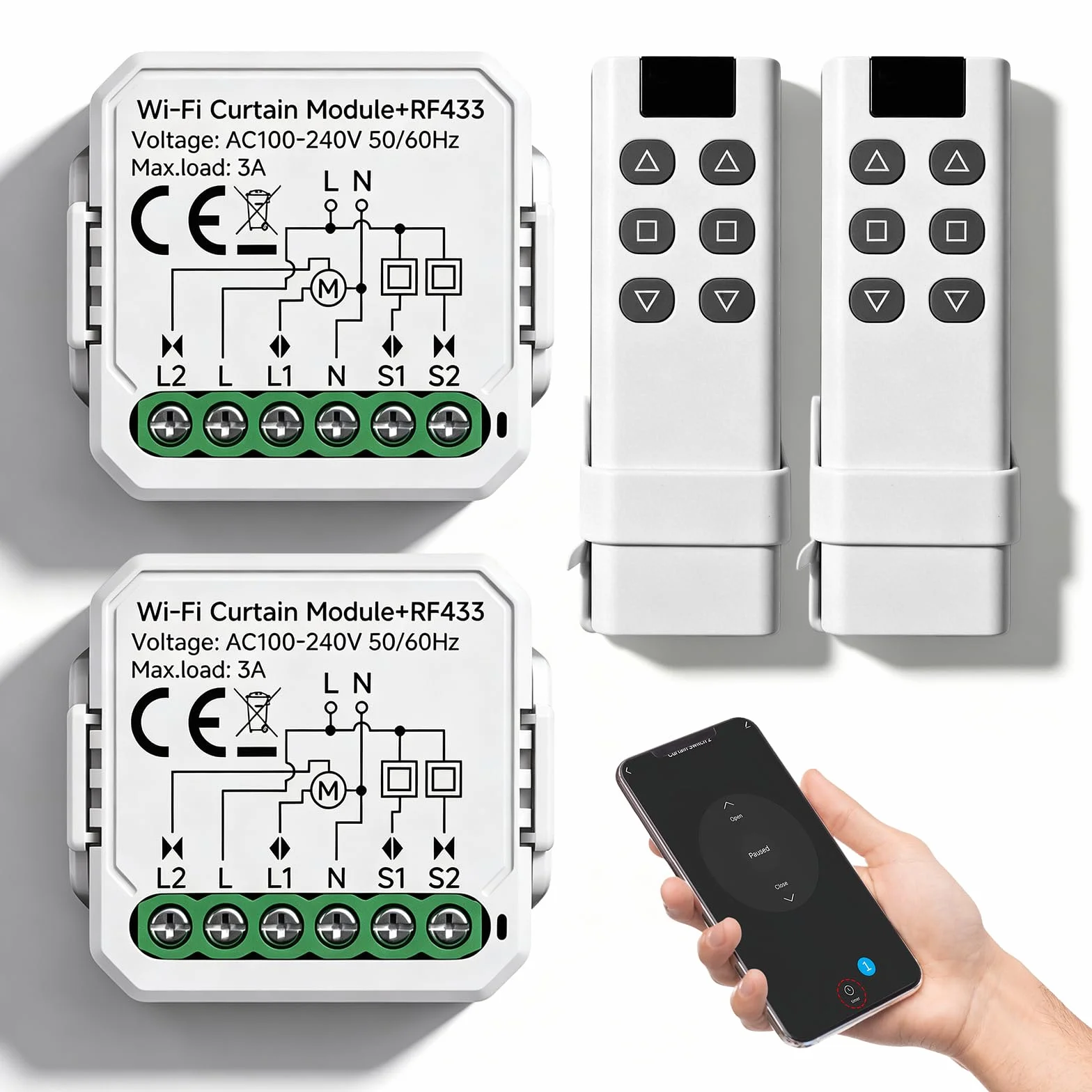 2 unidades de módulo de interruptor inteligente RF WIFI para persianas con control remoto RF de 433 MHz, adecuado para persianas, cortinas enrollables, toldos. Compatible con Alexa/Google Home
