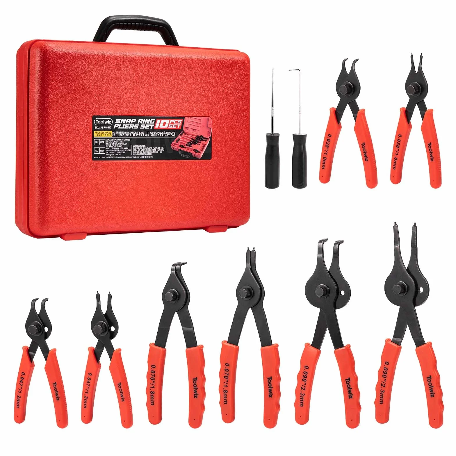 Toolwiz Juego de alicates de anillo a presión, 10 piezas de alicates de anillo de retención internos y externos, alicates de clip en C, herramientas automotrices curvadas y rectas de alta resistencia