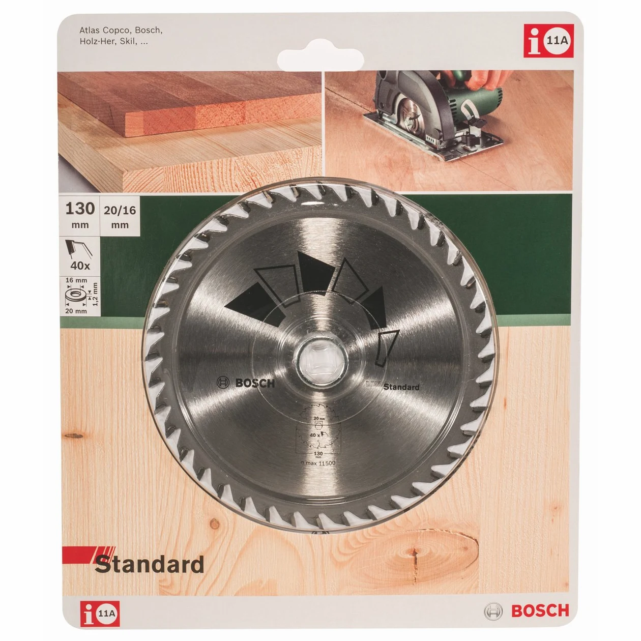 Bosch 1x Hoja de Sierra Circular Standard (para Madera, Ø 130 x 2.2/1.5 x 20/16 mm, 40 Dientes, ATB, con 1x Anillo de Reducción 16 mm, Accesorios Sierras Circulares)