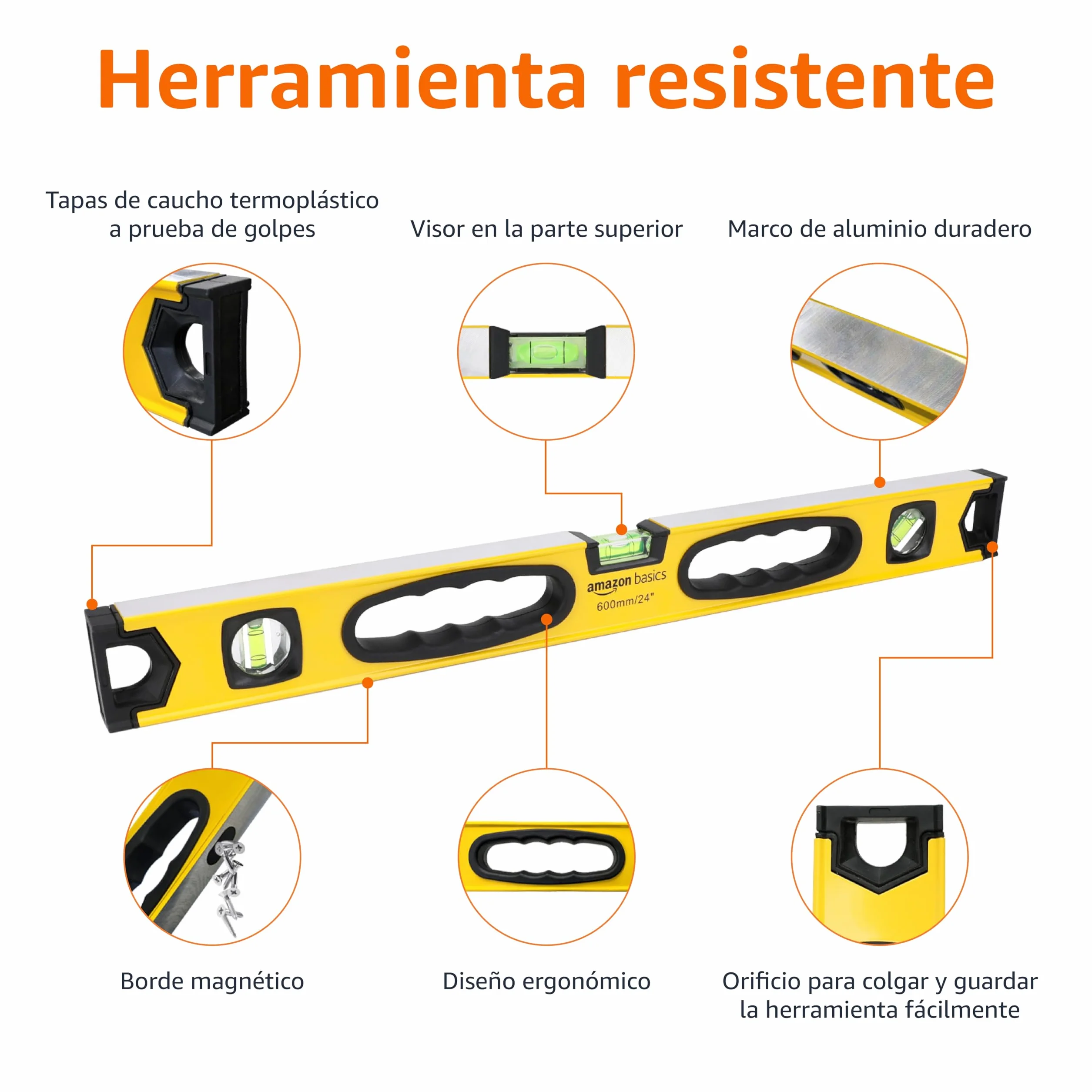 Amazon Basics Nivel de burbuja magnético aleación de aluminio 60.9 cm 180 90 45 grados Amarillo negro