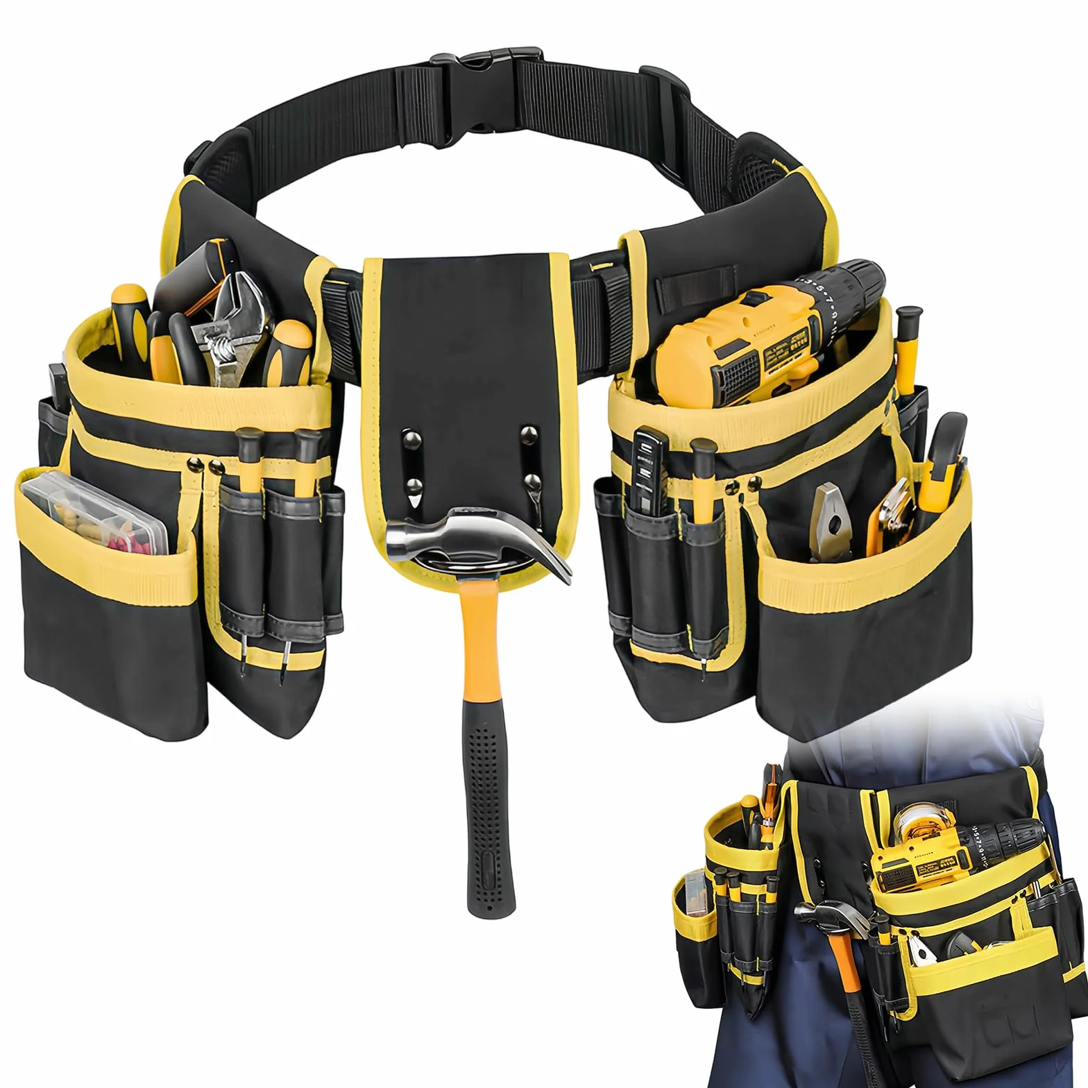 Cinturón de Herramientas, Porta Herramientas Cintura, Magnética Cinturon Portaherramientas Ajustable con 12/28 Bolsillos para Hombre, Electricistas, Carpinteros, Trabajadores de Construcción