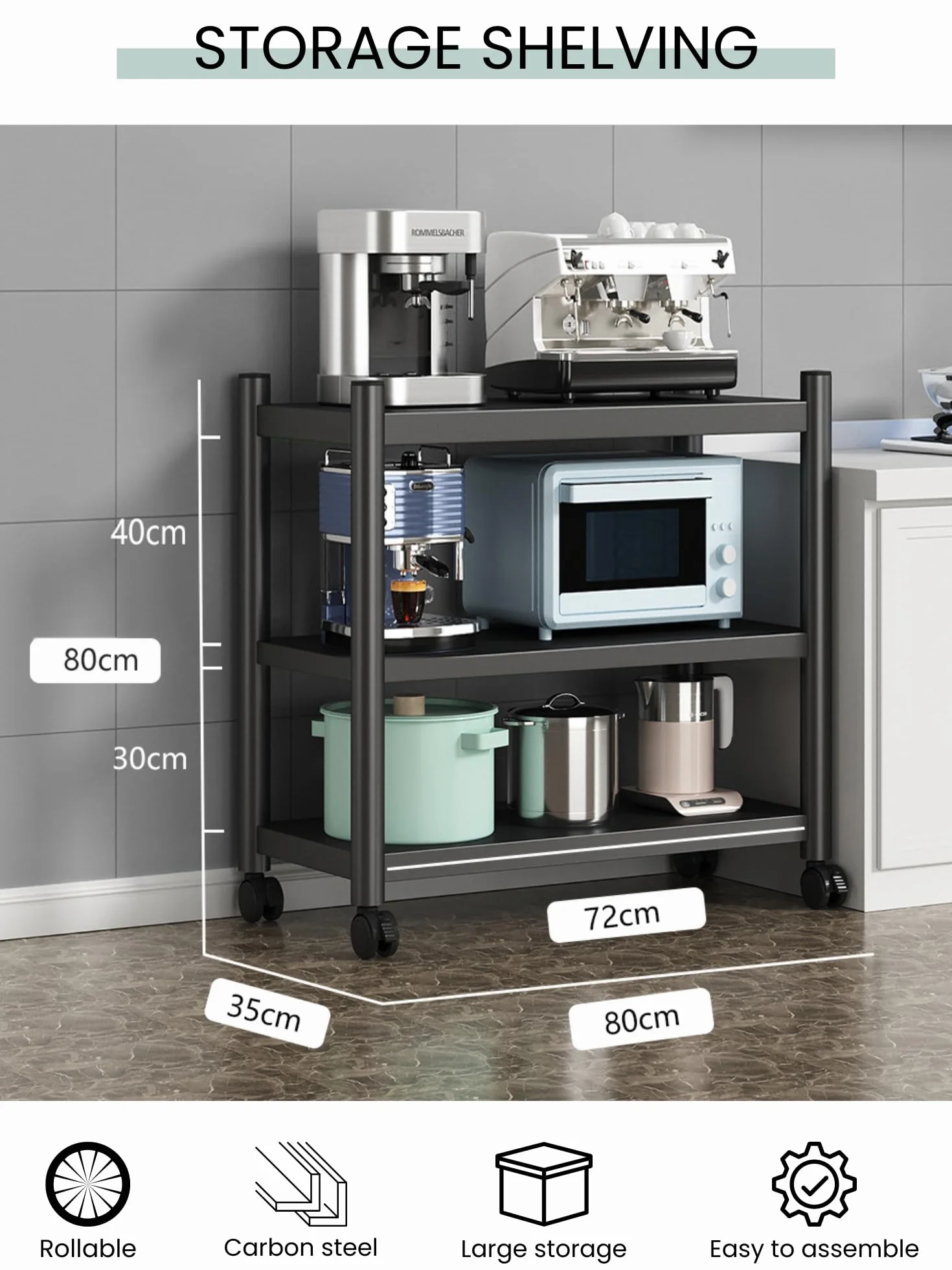 MAGIC SELECT Estantería para Almacenaje,Estante con Ruedas, Estantería de Pie,Repisa Metálica Multiusos, Mueble para Cocina, Baño, Habitación, Garaje, Salón con 3 Baldas de Almacenamiento.