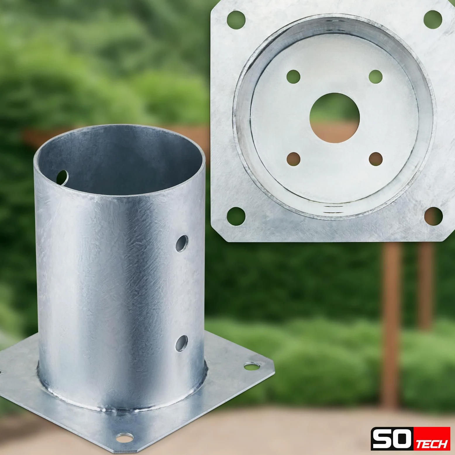 SOTECH JUEGO de 2 anclajes roscados, redondos Ø 100 mm, 152 mm de altura, acero galvanizado en caliente, toma de tierra para madera redonda - ideal para uso en exteriores