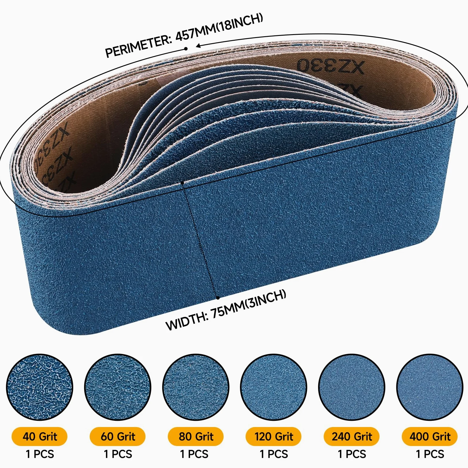 Bandas de Lija 75 x 457mm, Bandas Abrasiva de Corindón de Circonio Grano 40/60/80/120/240/400 para Lijadora de Banda para Metal, Madera -6 Piezas