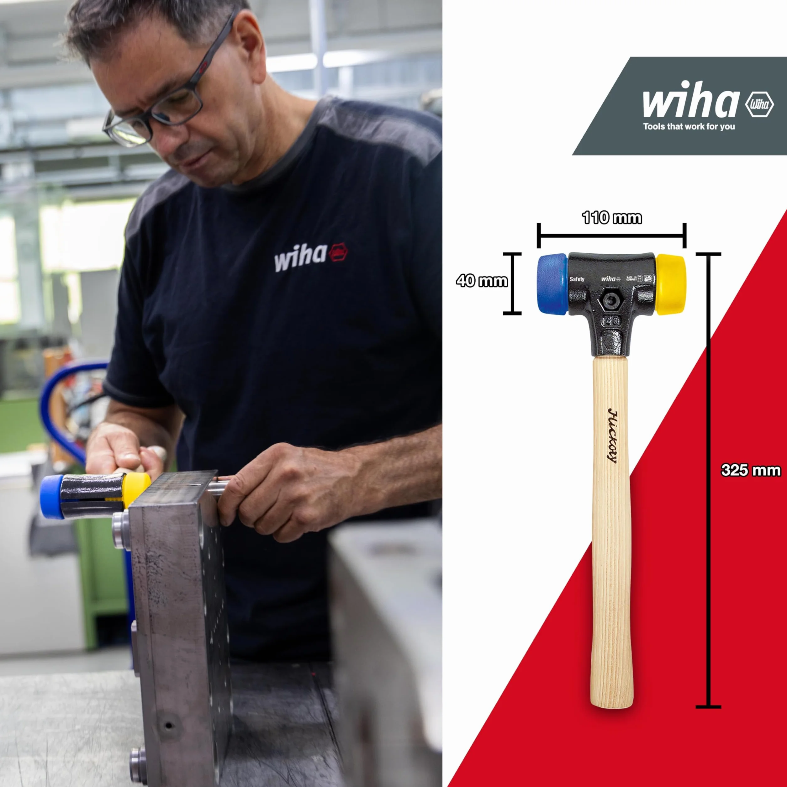 Wiha Martillo de cara blanda Safety blando/semiduro con mango de madera Hickory, cabezal redondo 40, 325 mm (26654)