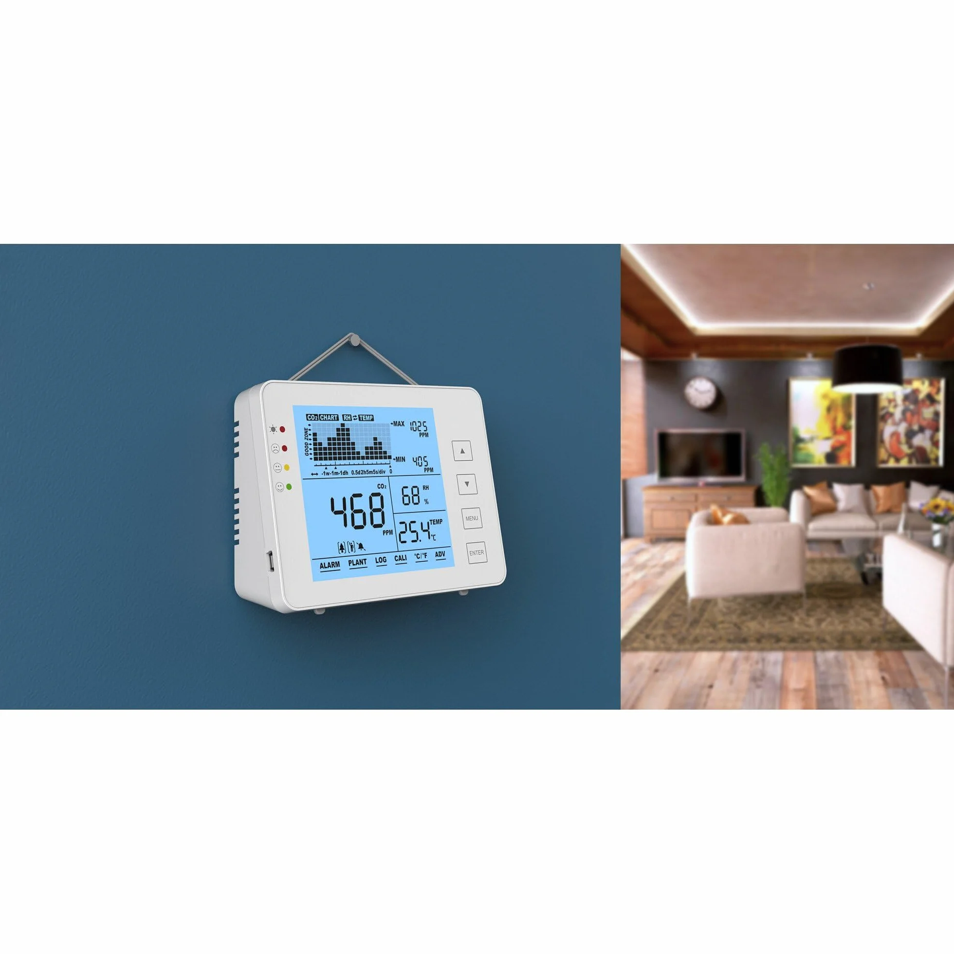 Seben 1200P W Medidor y monitor de CO2 con semáforo, alarma acústica, registrador de datos para la medición de la calidad del aire