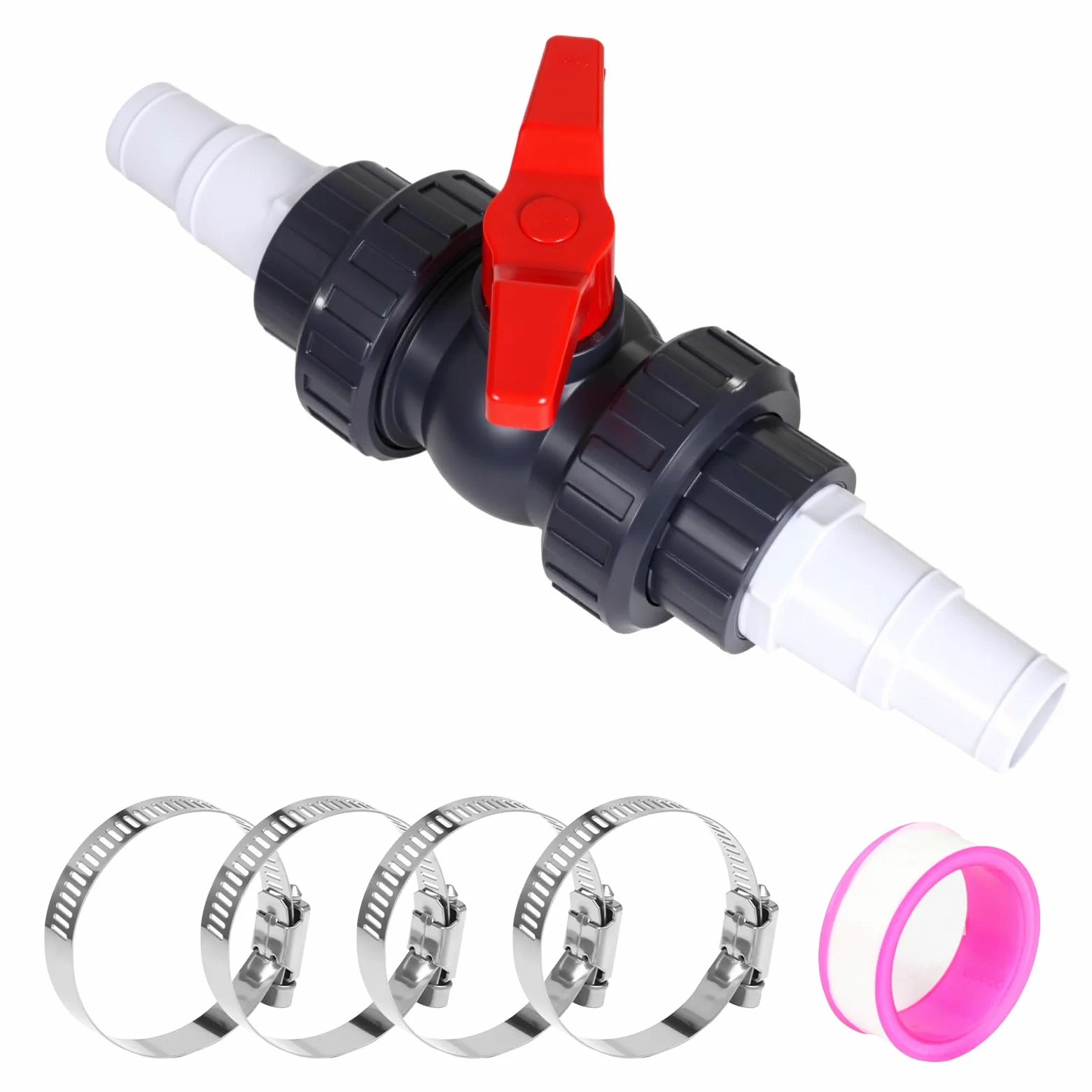 Válvula de bola con conector de manguera de PVC, válvula de cierre para piscina, incluye 1 válvula de cierre de 1 1/2" (50 mm), 2 boquillas de manguera de 32-38 mm, conector de manguera de
