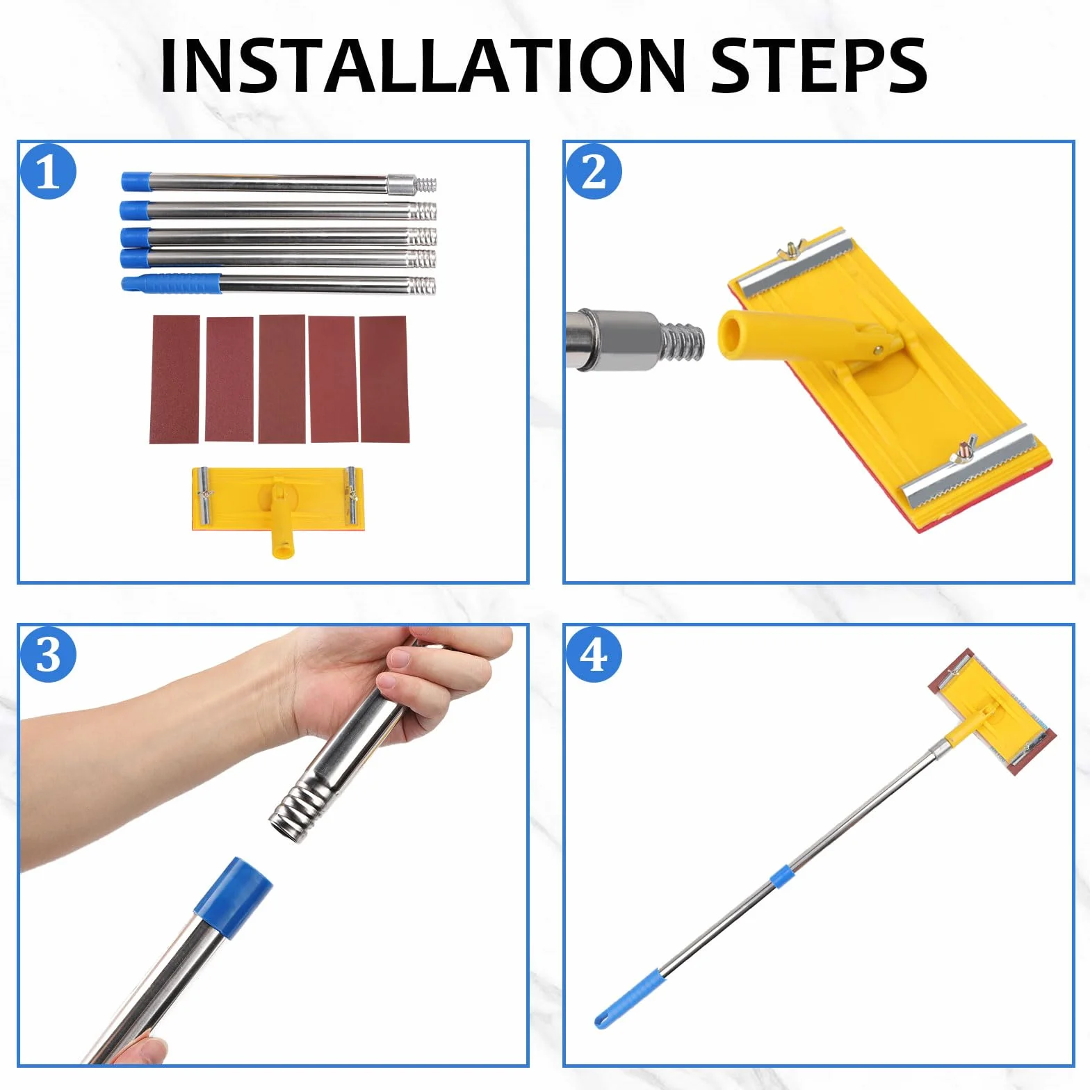 Cabezal de lijadora de poste giratorio resistente, lijado de pared y techo con poste de extensión y 5 piezas de papel de lija, para un lijado rápido y productivo de pisos, pared y techo