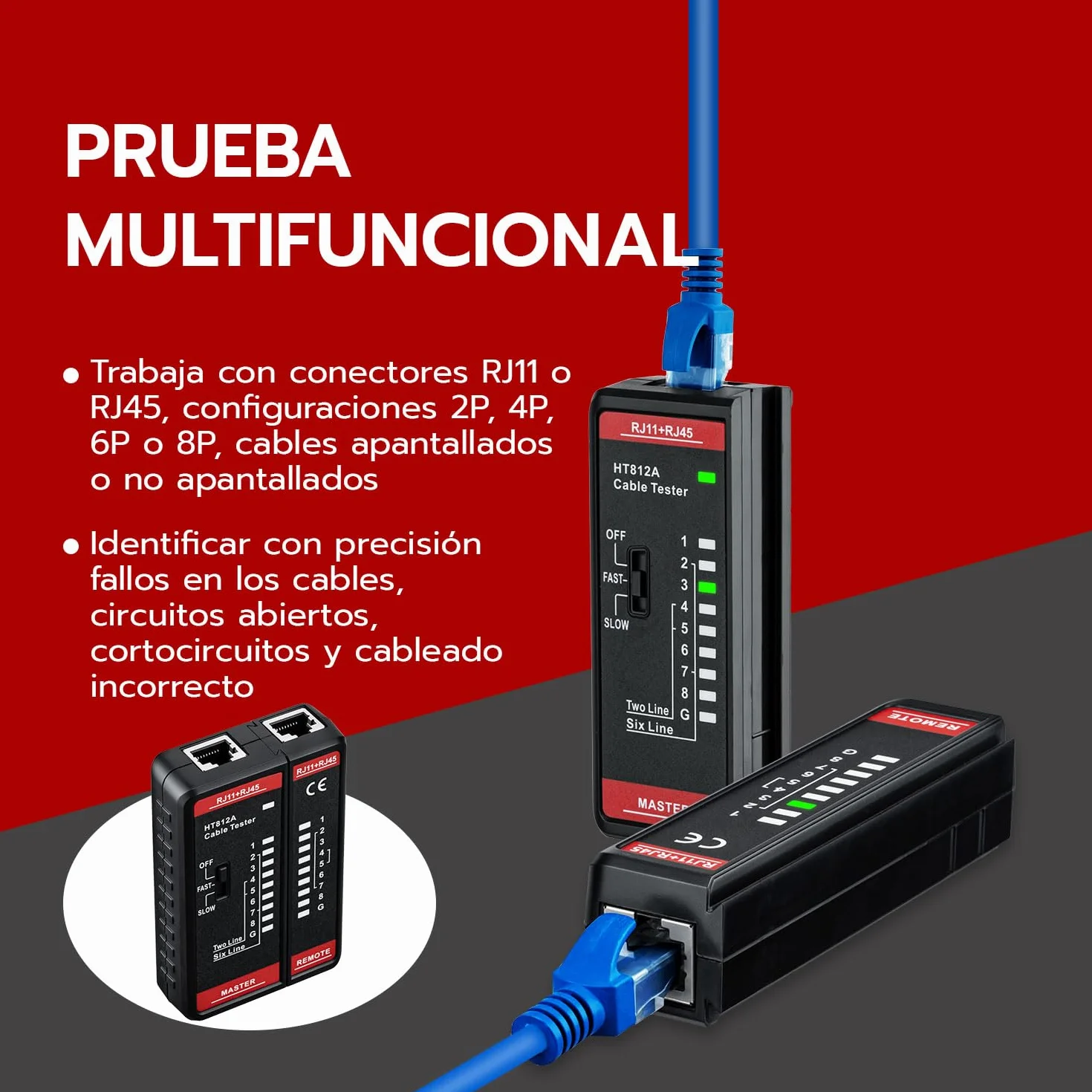 Mcbazel Comprobador de Cables de Red RJ11 RJ45, Tester LAN para CAT6A CAT6 CAT5E CAT5