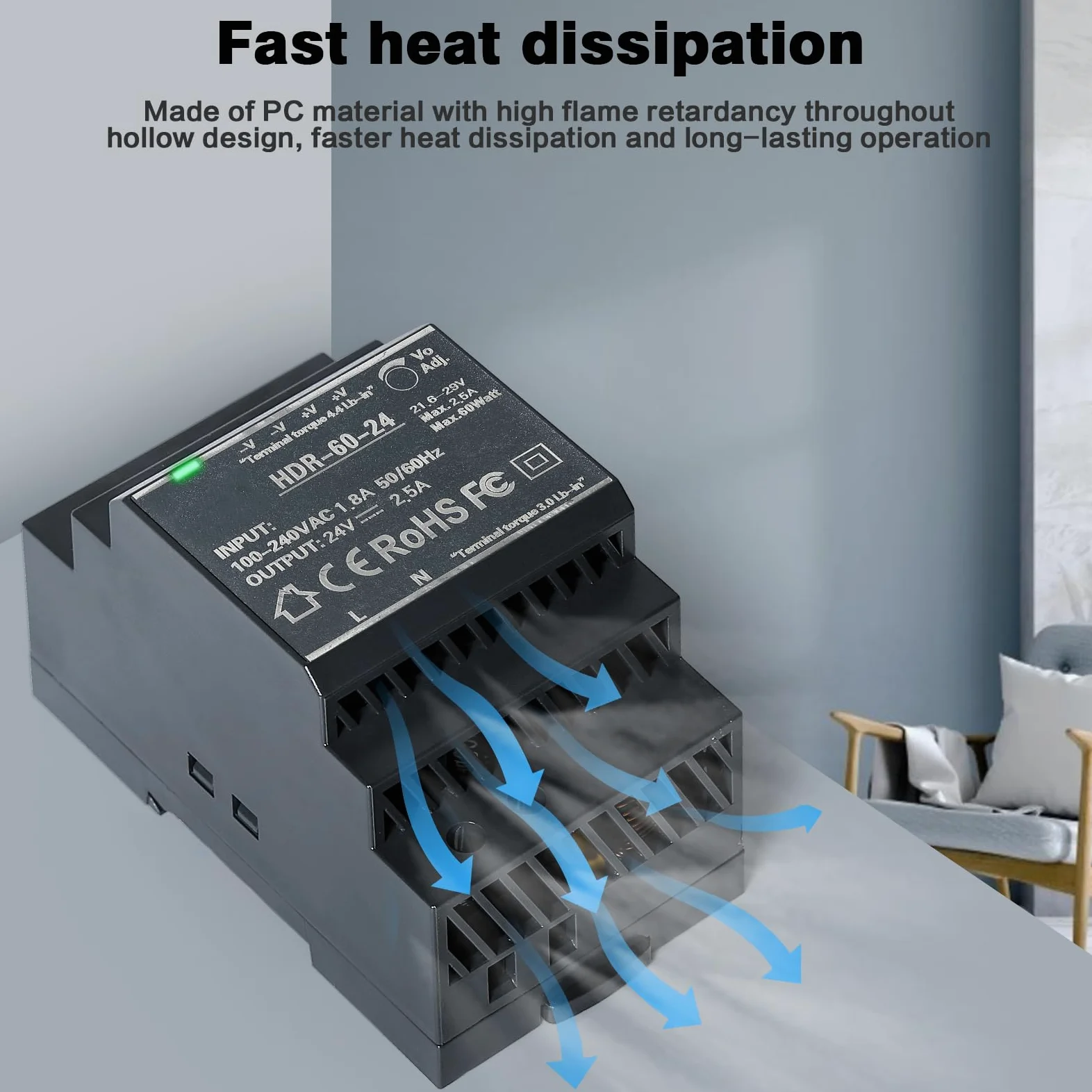 DEWIN Fuente de Alimentación Conmutada 24v, HDR-60W Fuente de Alimentación Conmutada de Transformador de Riel DIN para Equipos de Automatización Industrial (Color : DC 24V 2.5A)