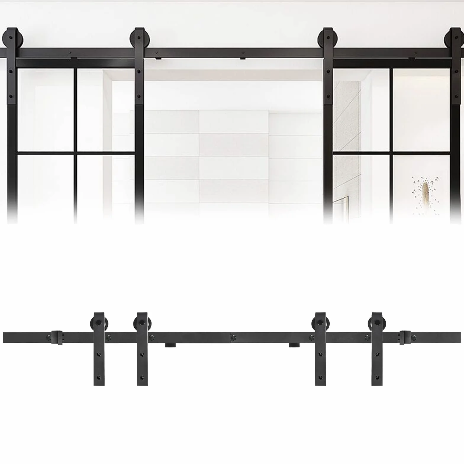 UISEBRT Kit de rieles para puerta corrediza de granero de 366 cm, de acero al carbono, para puerta de granero, armario, riel deslizante, juego de rieles para colgar, color negro