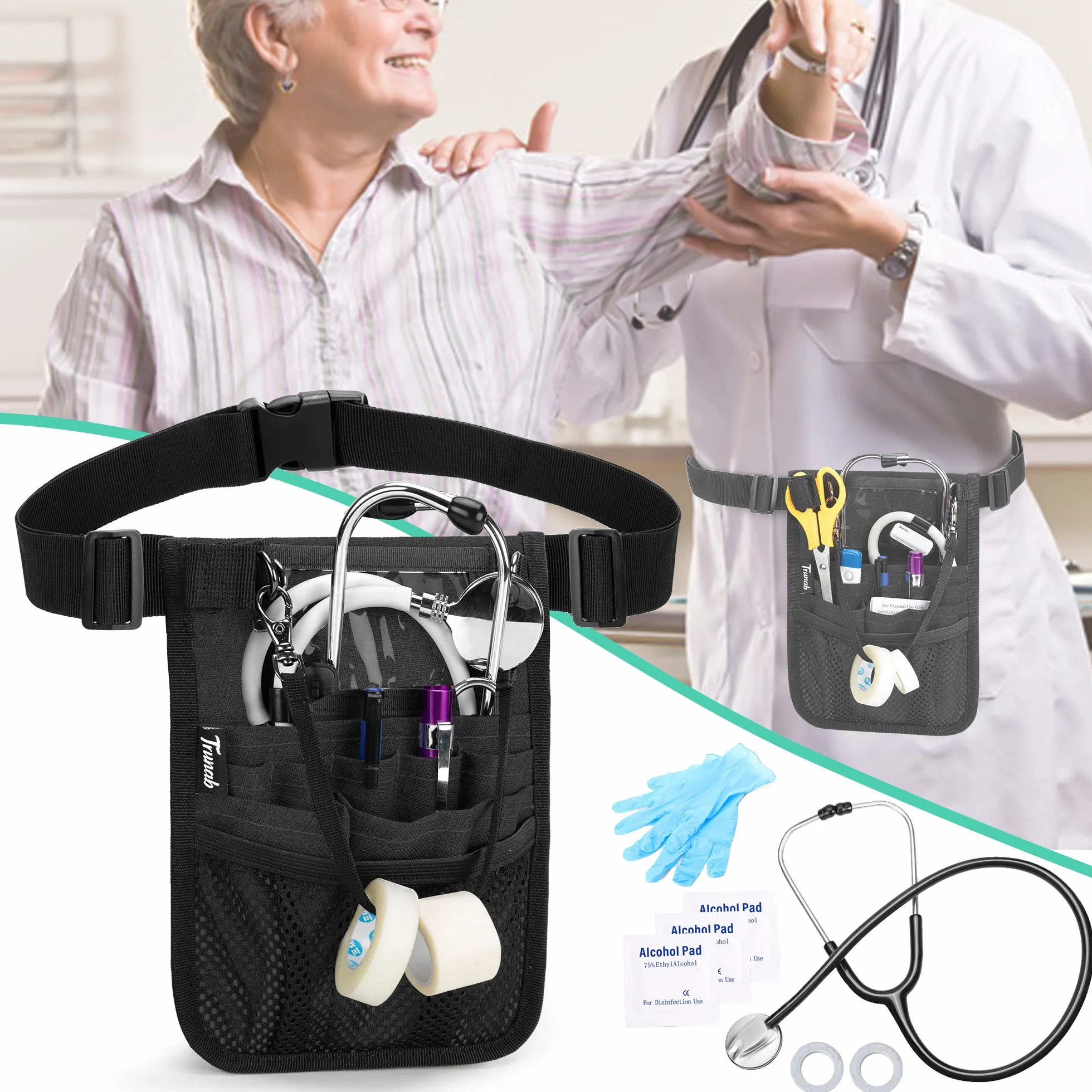 Trunab Riñonera de Enfermera con Soporte para Cinta, Organizador de Cinturón Ajustable, Negro