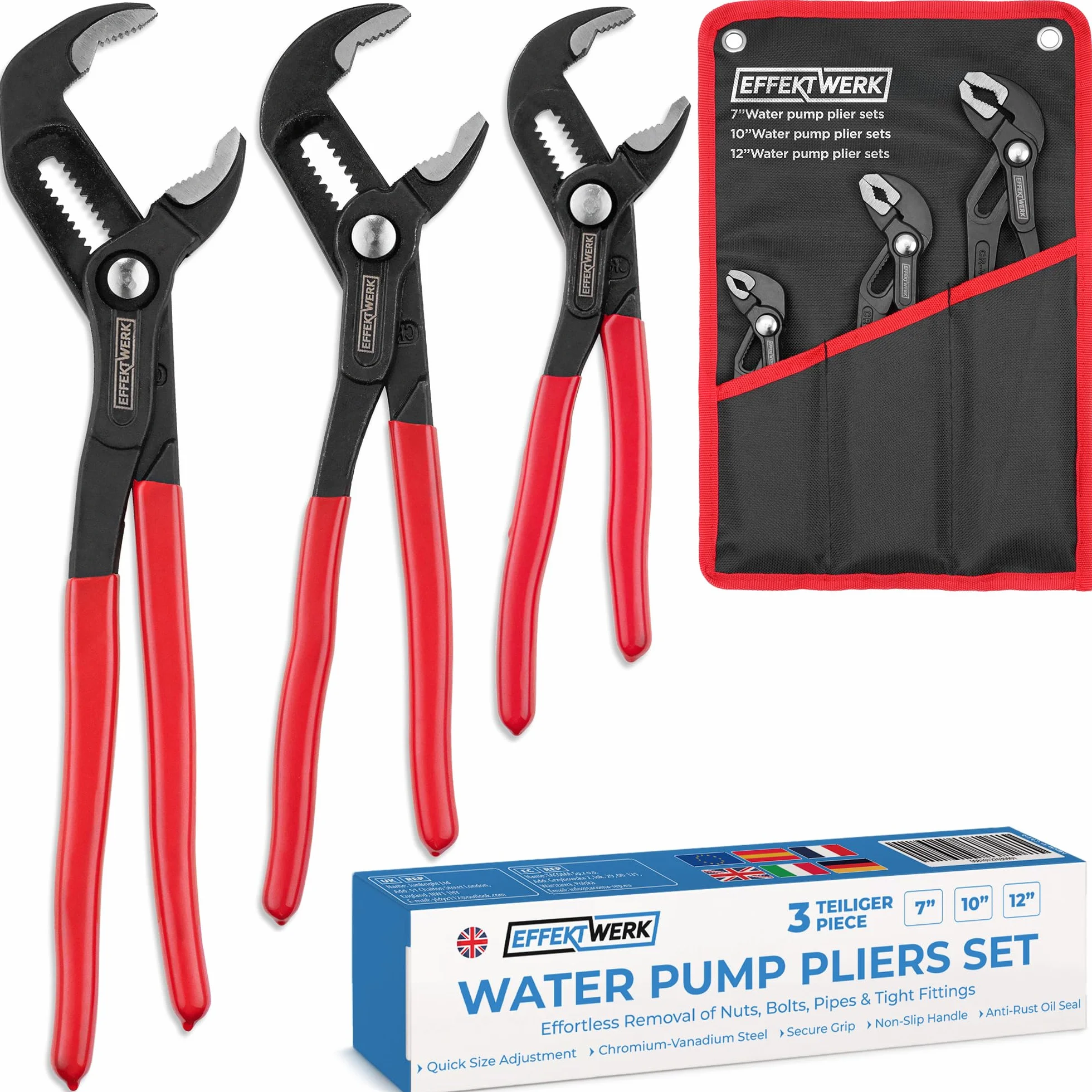 Juego de alicates para bomba de agua de 3 piezas - 18 cm, 25 cm, 30 cm - Llave de fontanero antideslizante, alicates de lengüeta y ranura con mordazas ajustables