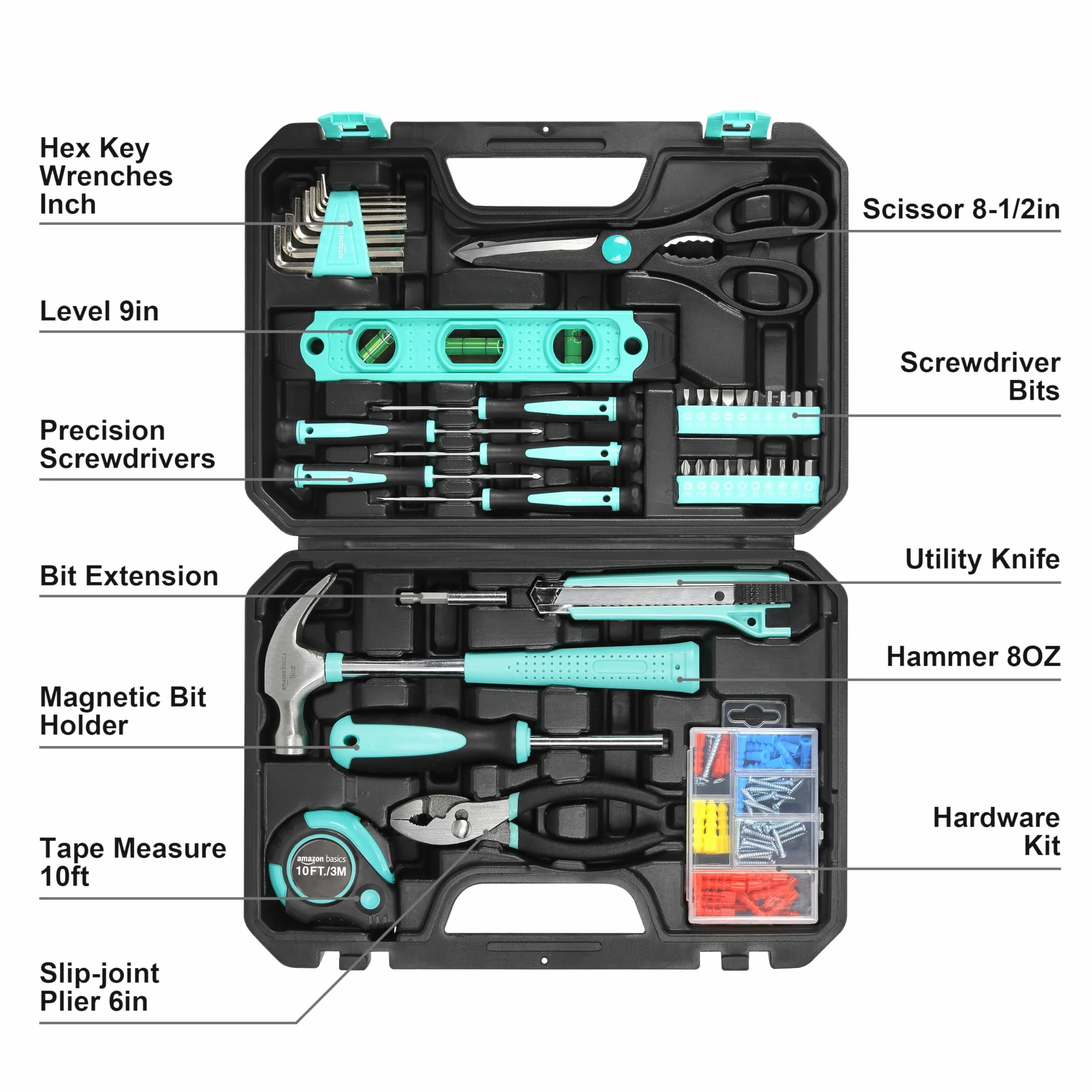 Amazon Basics - Kit de herramientas para el hogar con estuche, 142 unidades, Azul Turquesa, 34 x 23,5 x 7,5 cm