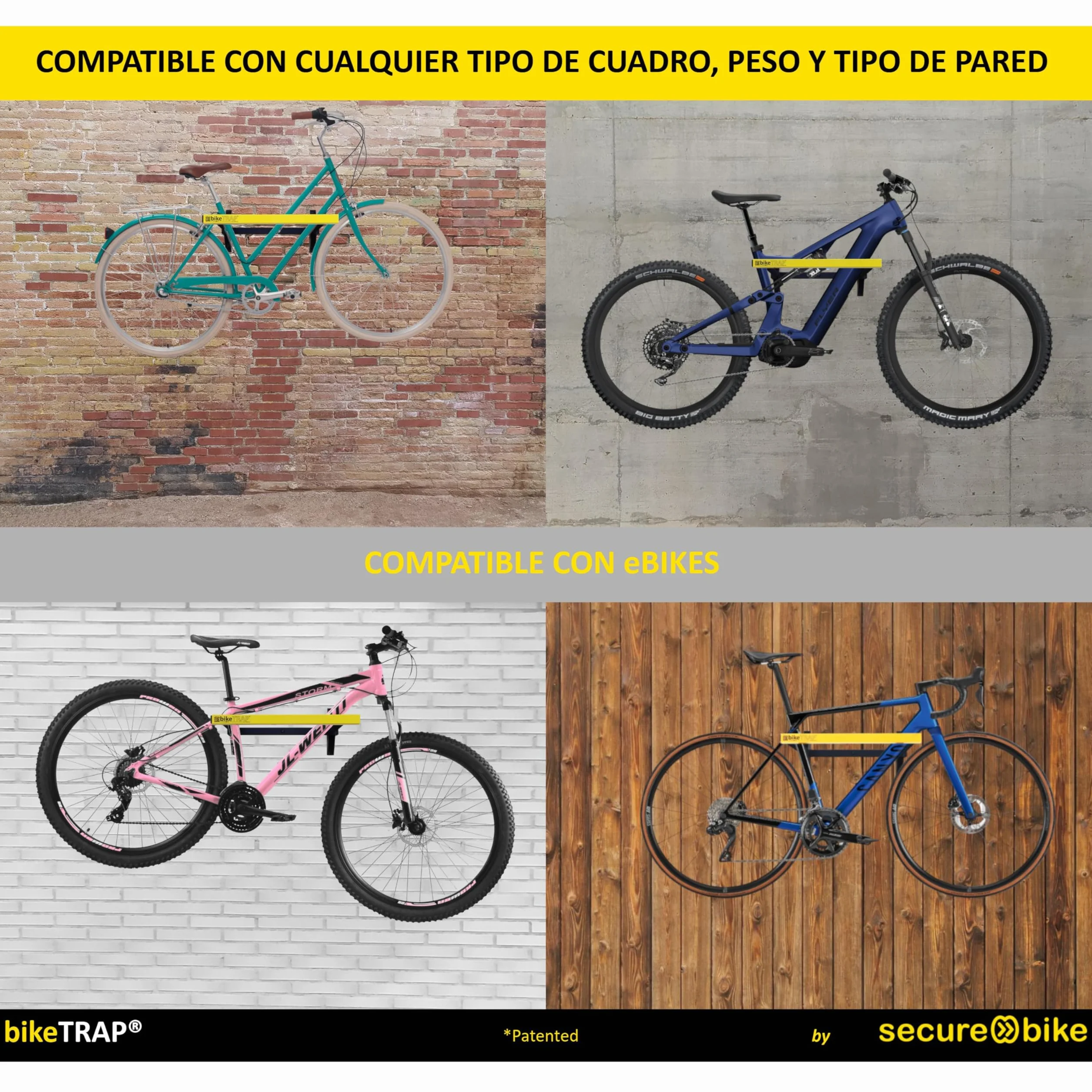 Soporte portabicicletas de Pared para Colgar hasta 2 bicis con Candado Antirrobo Alta Seguridad