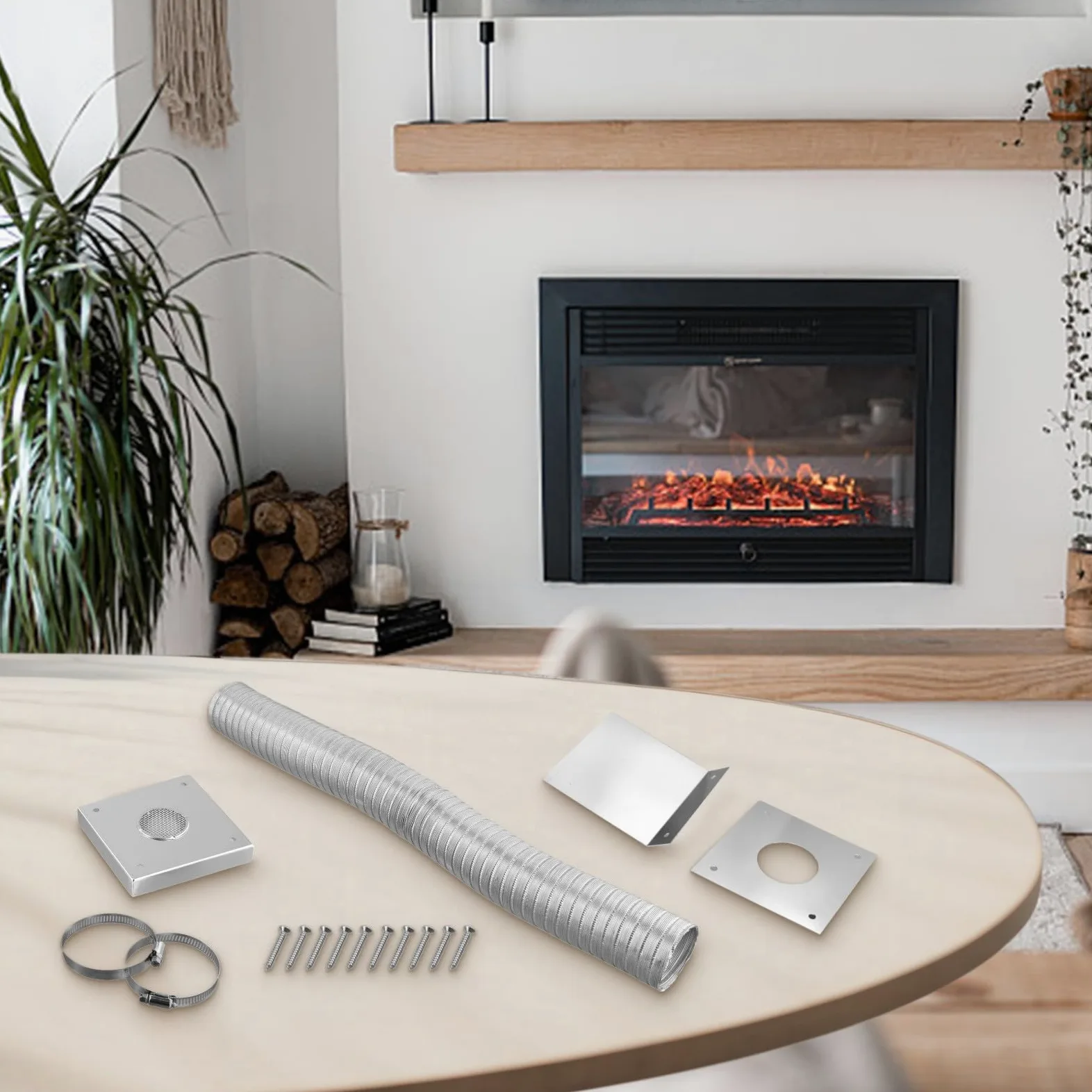 Kit de entrada de aire fresco para estufa de pellets, tubo flexible de aluminio de 2 pulgadas con abrazaderas de placa de pared de acero inoxidable y campana de lluvia para instalación de ventilación