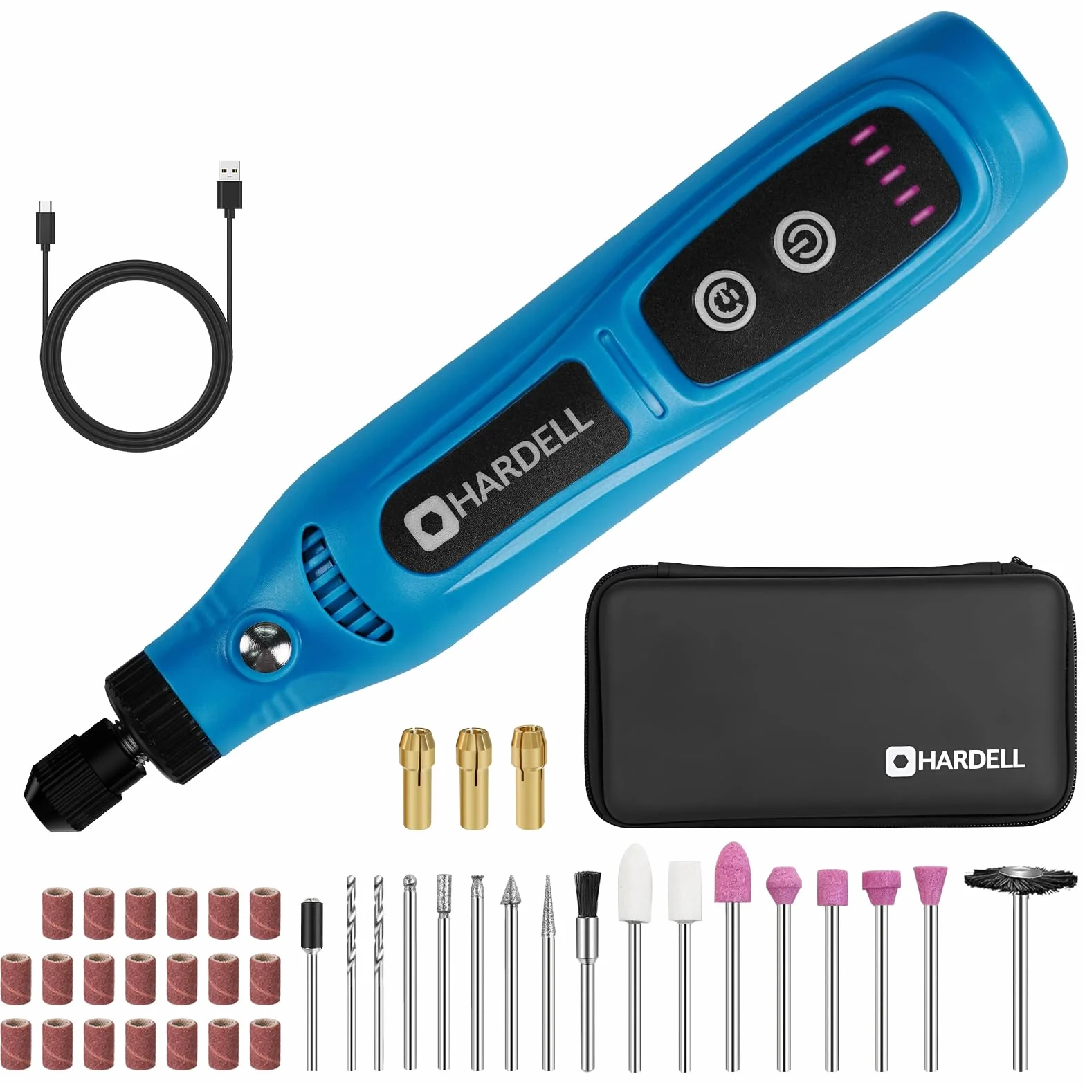 HARDELL Mini Amoladora Eléctrica, 3.7V Herramienta Rotativa Inalambrica con 43 Accesorios, Usar Mientras Se Carga, 5 Velocidades Variables para Pulido, Grabar, Taladro, Lijado, Moler, Bricolaje