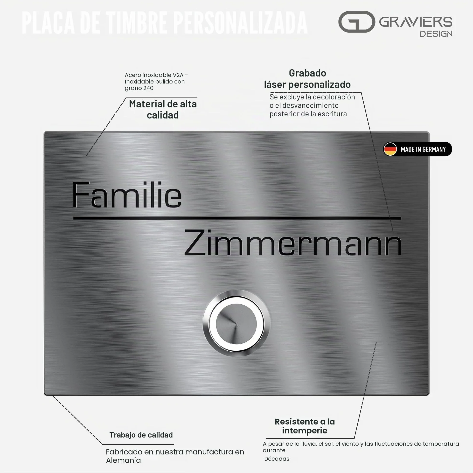 Placa de Timbre Graviers Design – Montaje en Superficie o Empotrado – Acero Inoxidable – Grabado Láser – Pulsador LED a Elegir – 80x60 a 160x120mm