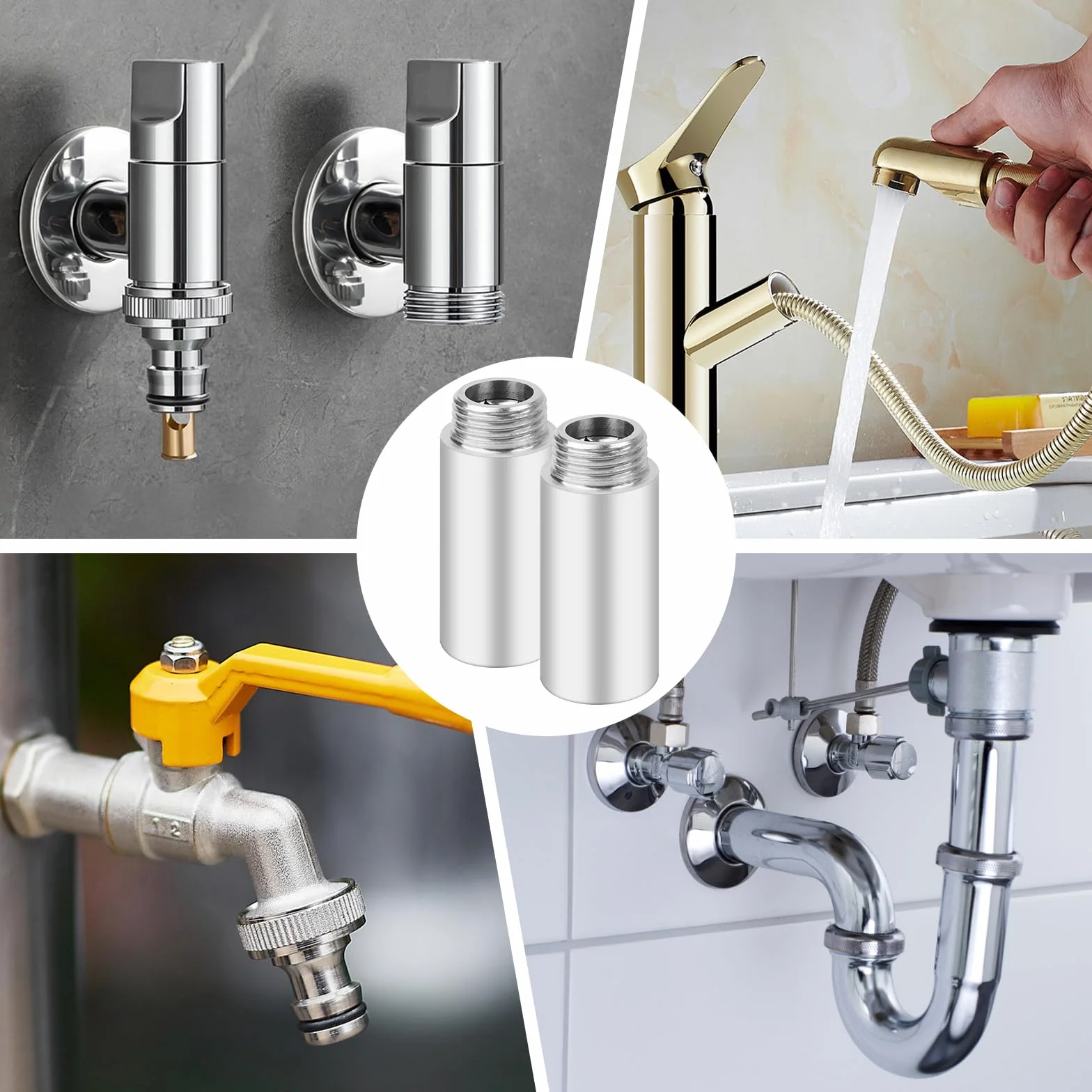 2 extensiones de grifo de 1/2 pulgadas de 80 mm de acero inoxidable, extensión de cabezal de ducha, extensión de conexión de agua para grifos, válvulas angulares y cabezales de ducha