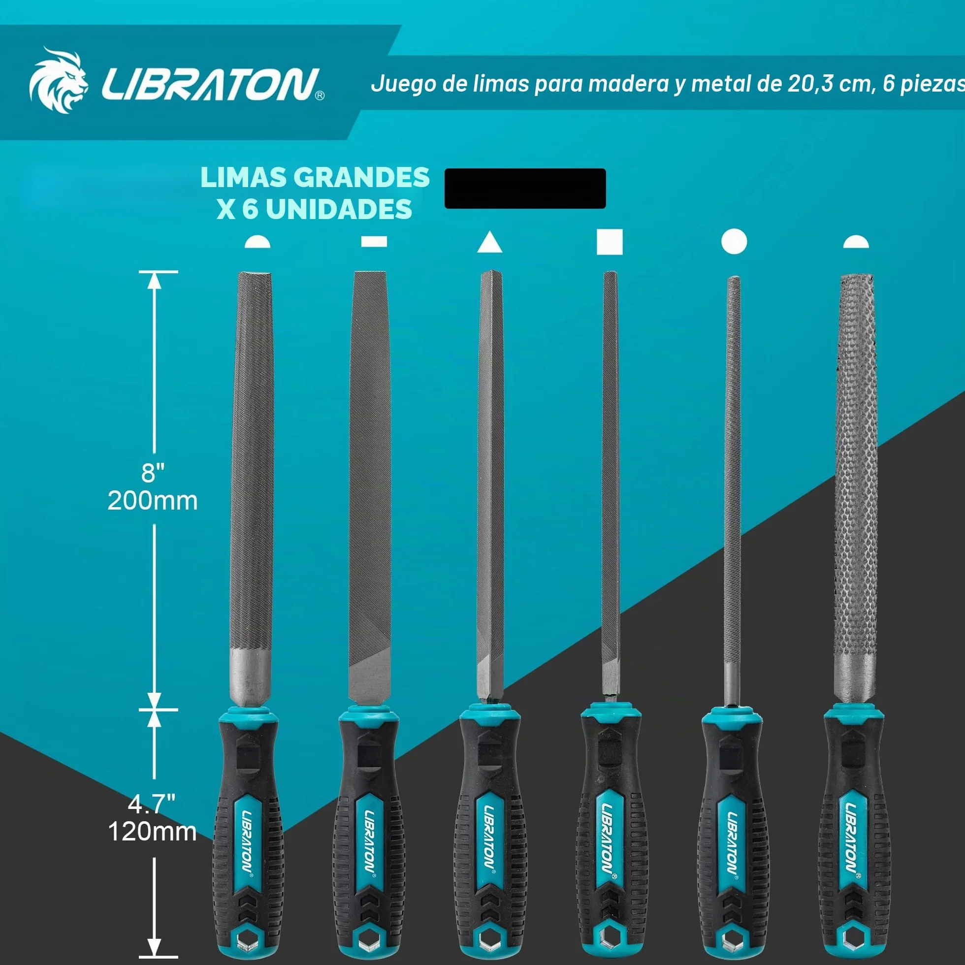 Libraton Limas de Metal, Limas para Metal de 6 Piezas, Limas de Acero con Alto Contenido de Carbono, Lima Metálica con Mango de Goma, Juego de Limas de 8 Pulgadas Incl 1 Escofina para Madera