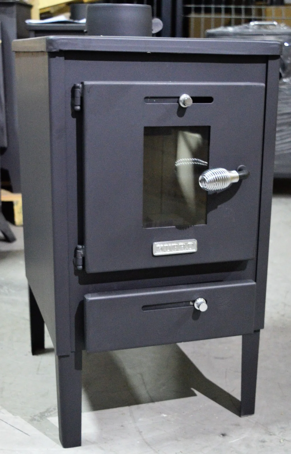 Chimenea de leña para estufa de leña Mini 8kw con tapa de acero y aleta