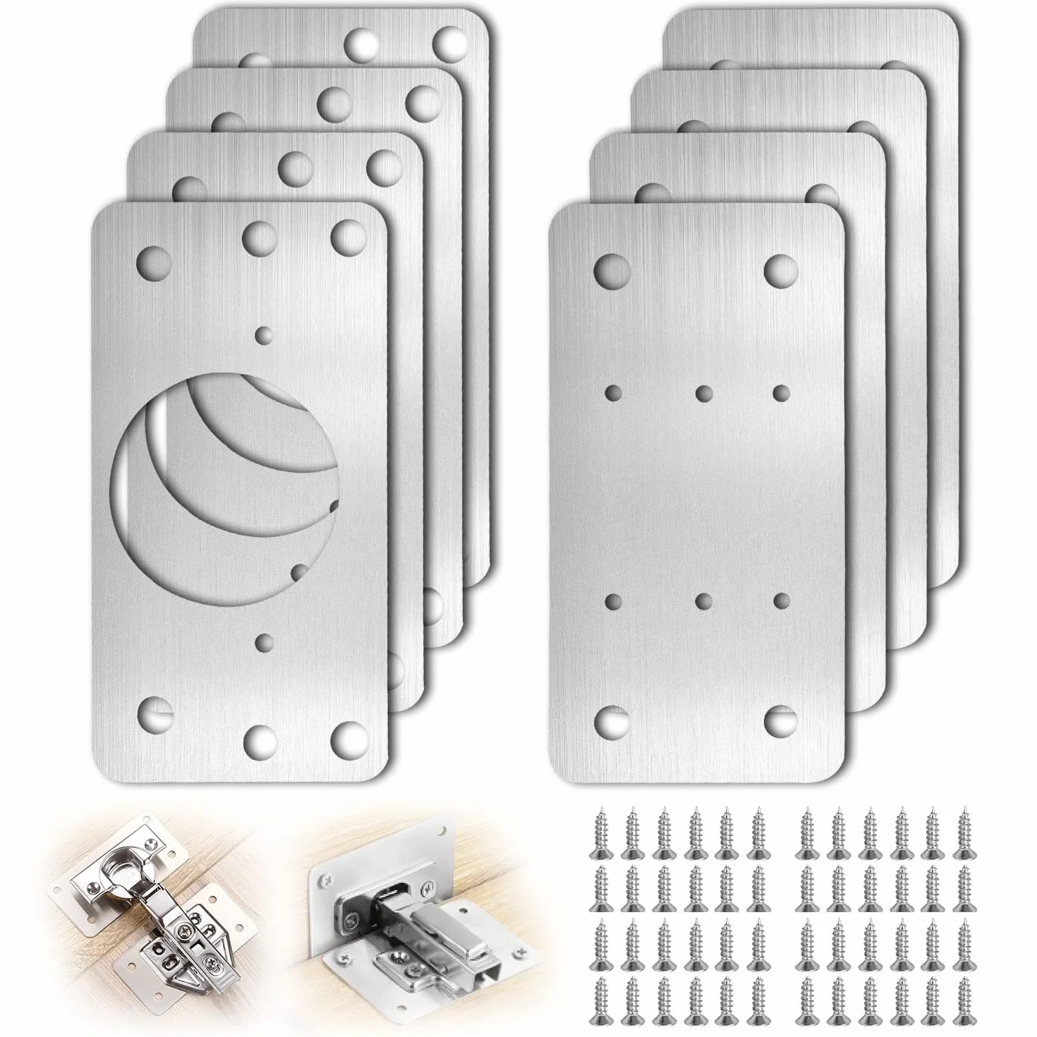 Placa Reparación Bisagra Placas Reparación de Bisagras Armario Placa de Reparación de Bisagras Acero Inoxidable con 48 Tornillos para Muebles de Madera Cocina Armarios Muebles 8 Piezas