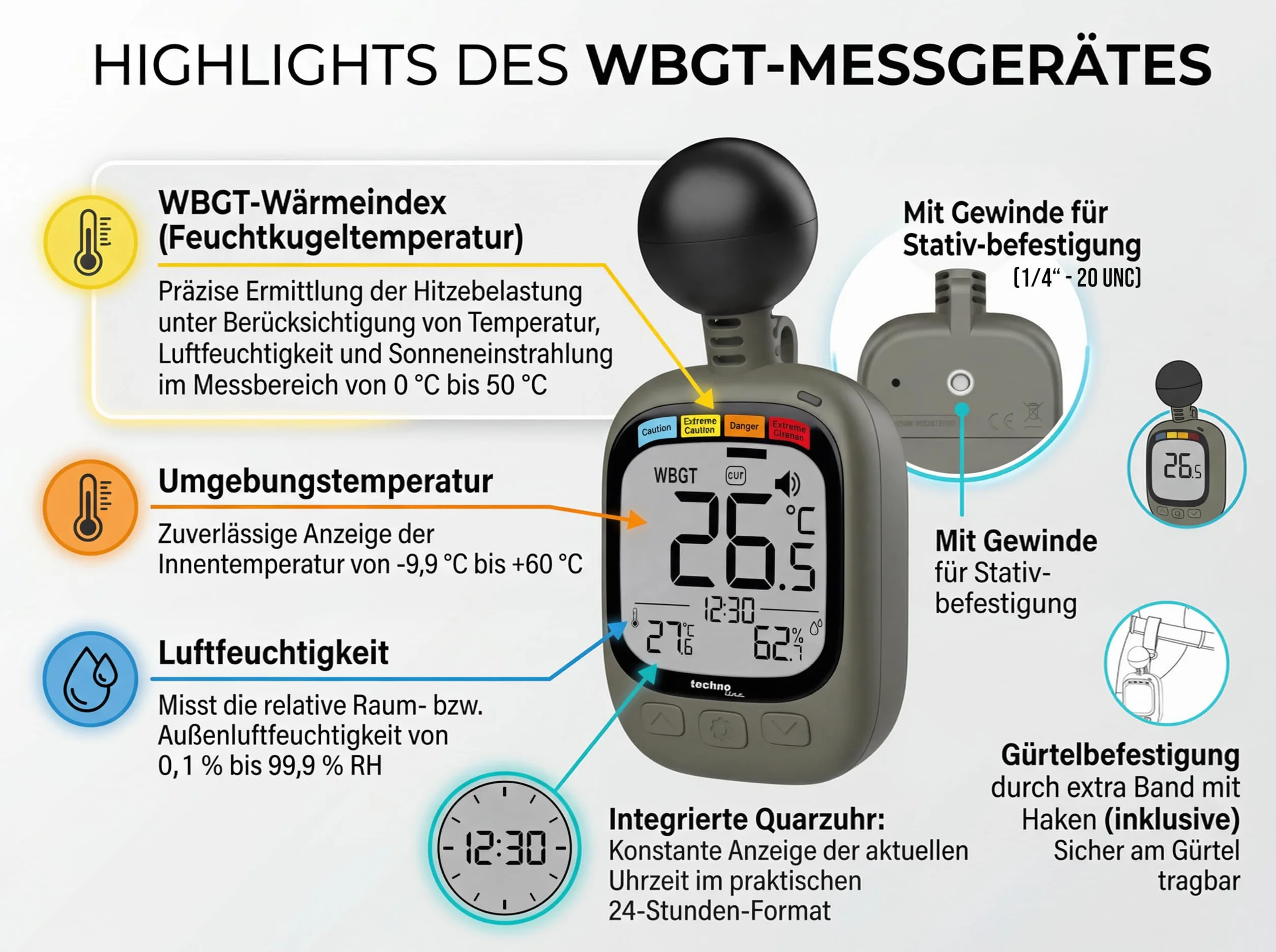 technoline EA 3060 WBGT - Medidor de estrés térmico con indicador de temperatura y humedad | Sistema de alerta WBGT | Interior/Exterior | Función de alarma | Ideal para deportes, trabajo y actividades