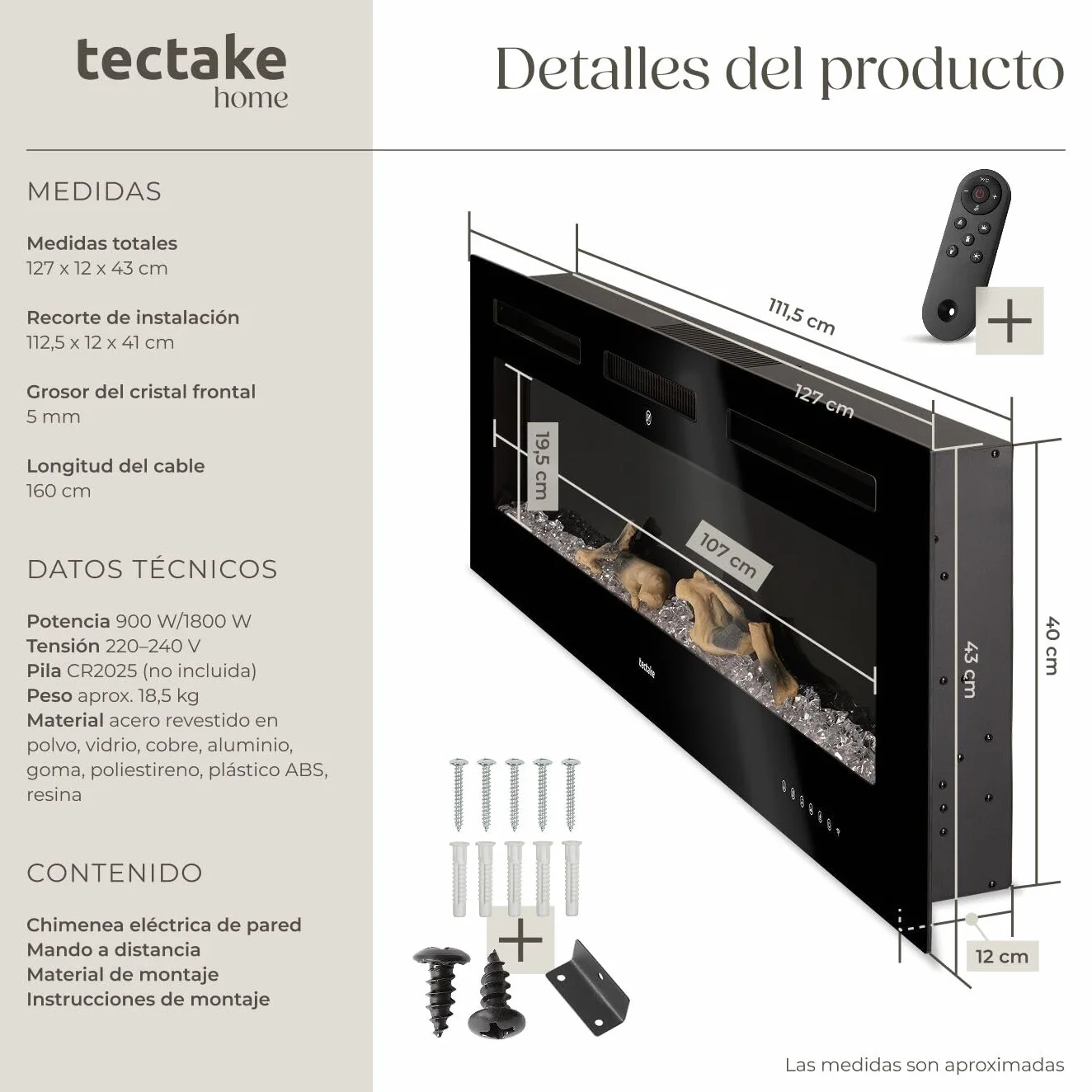 tectake® Chimenea Electrica Decorativa con Efecto Llama 3D, 2 Niveles de Calefacción, Control Remoto, Chimenea Eléctrica con Termostato Integrado, Protección Sobrecalentamiento - 12 x 127 x 43 cm