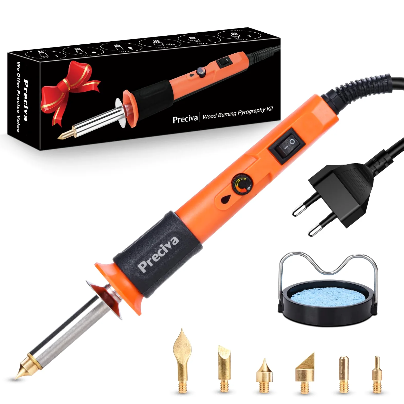 Pirografía Madera 25W, Preciva Soldador Quema Eléctrico Temperatura Ajustable 300~500 ℃ para Madera DIY, Manualidades, Pirografía Eléctrica, con 6 Puntas para Soldadura