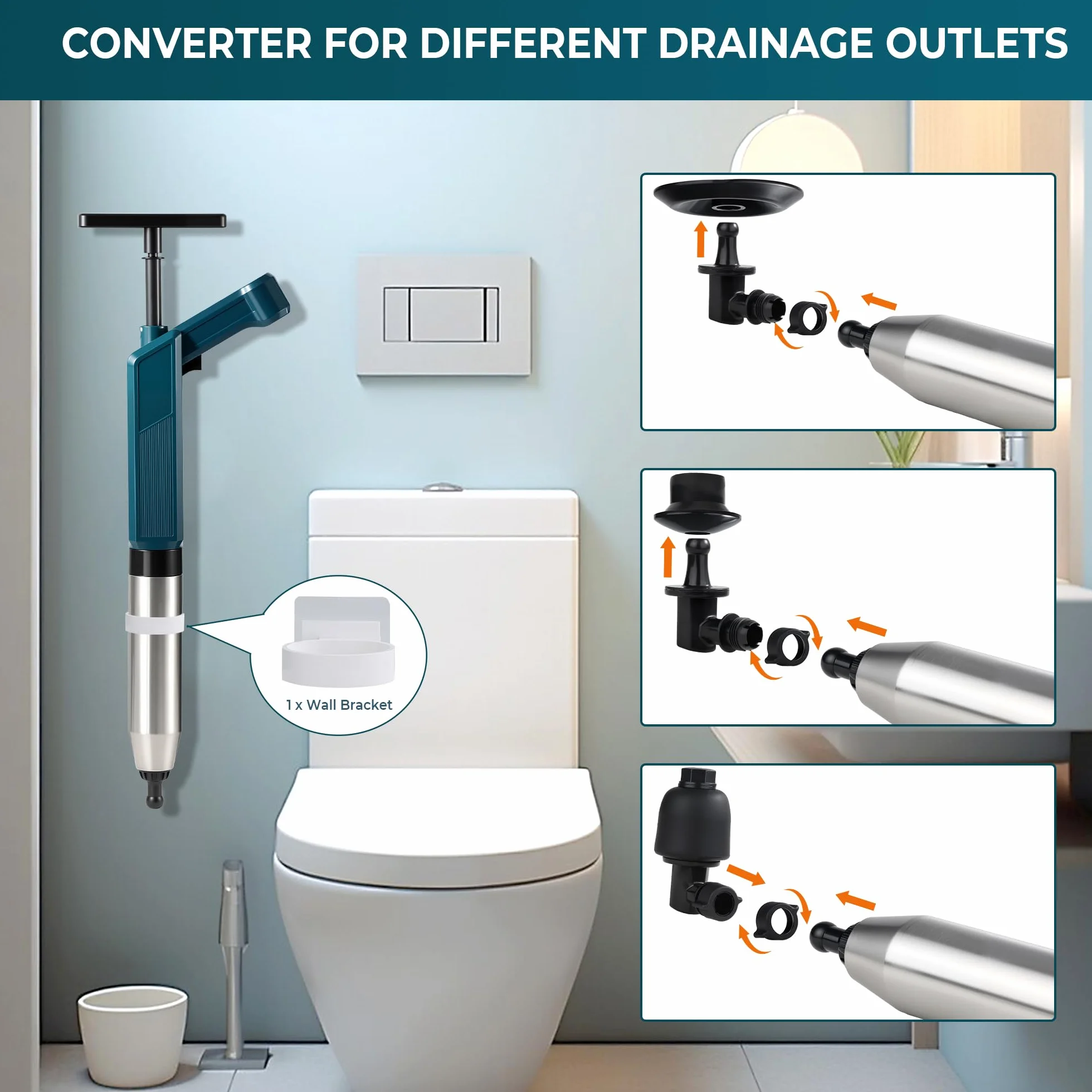 OLAX Desatascador de Tuberías con Aire Comprimido, Desatascador Profesional con 4 Cabezas de Pistón e Inflador, Kit de Desatascador wc para Inodoro, Lavabo, Ducha, Bañera y Fregadero de Cocina