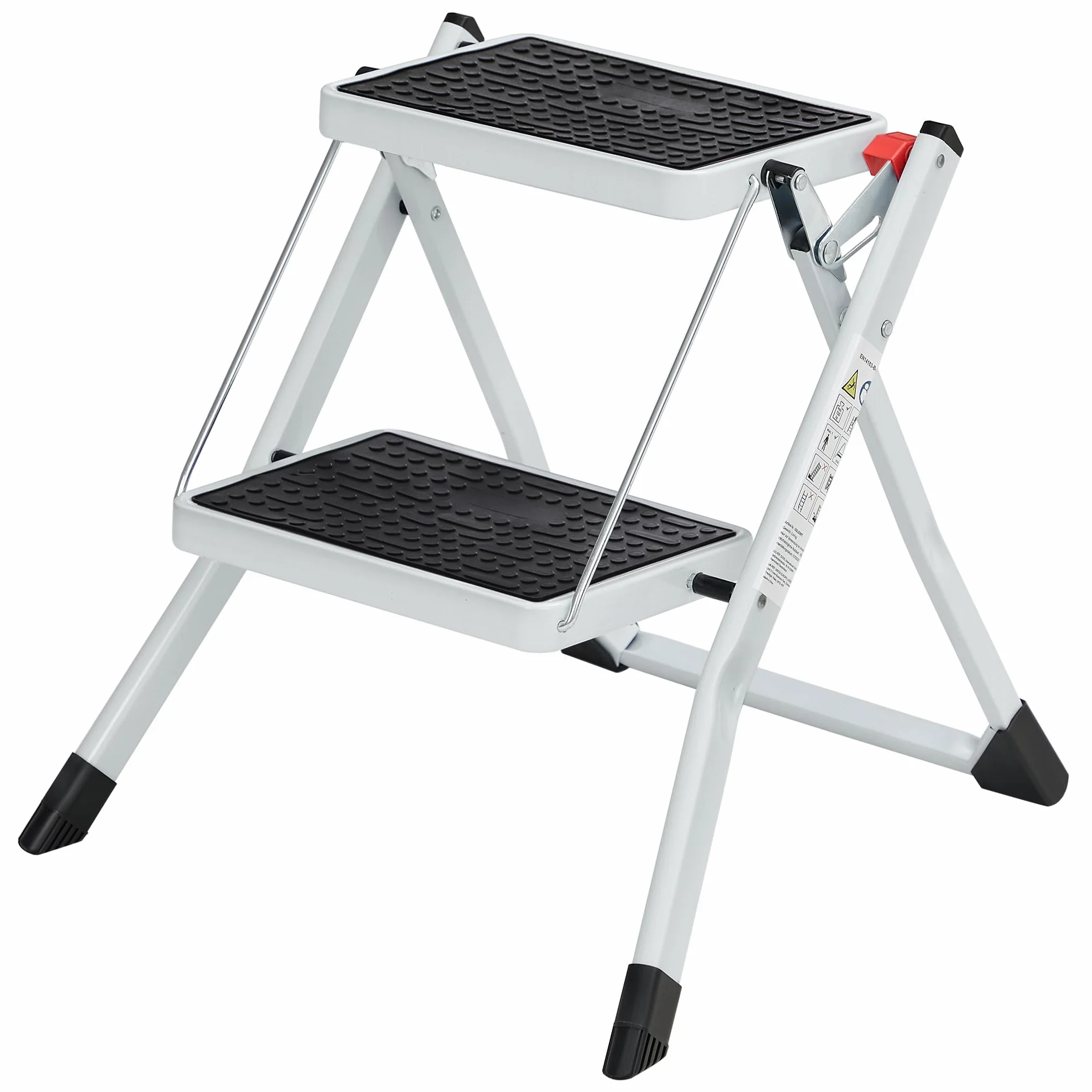 SONGMICS Escalera de 2 Peldaños, Escalera Plegable, Profundo del Peldaño de 20 cm, Goma Antideslizante, con Asa, Carga de 150 kg, Acero, Blanco y Negro GSL02WT