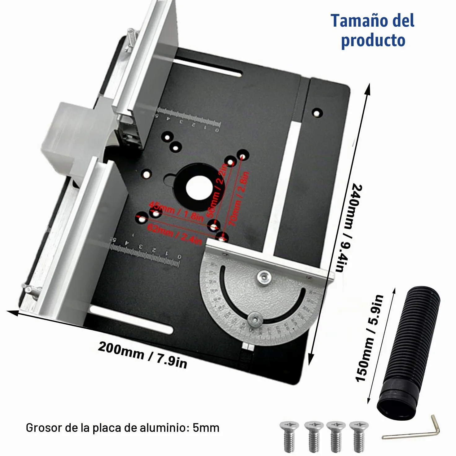 Juego de 3 Placa de Inserción de Mesa de Fresadora de Enrutador de Aluminio, Mesa para Fresadora, Herramienta Auxiliar de Grabado con Inglete, con Medidor de Inglete para Bancos de Carpintería (Negro)