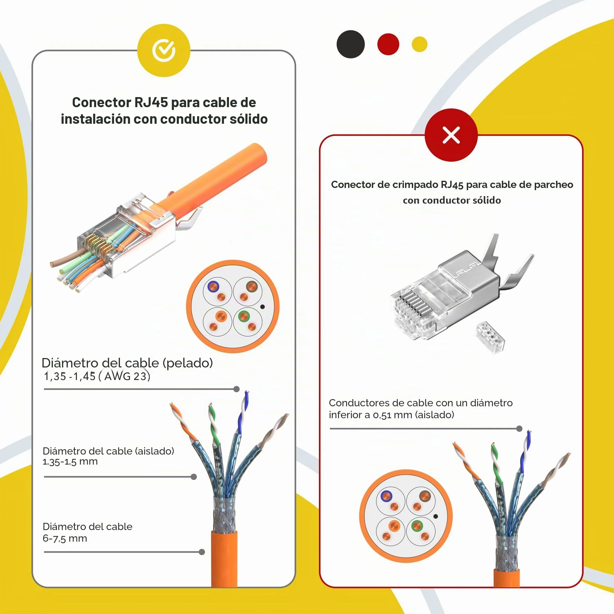 RedStar24 Conectores RJ45 Cat7 Pack 10 enchufes Ethernet Pass Through naranja