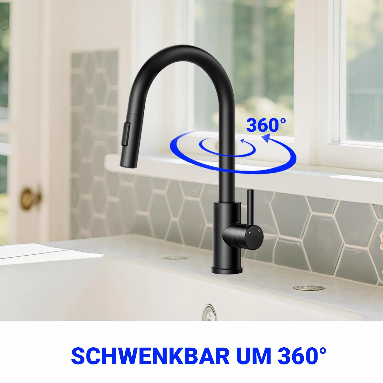 Aica Grifo de Cocina Negro Extensible Giratorio 360° Mezclador Alta Presión Manguera Flexible 27 Pulgadas Monomando