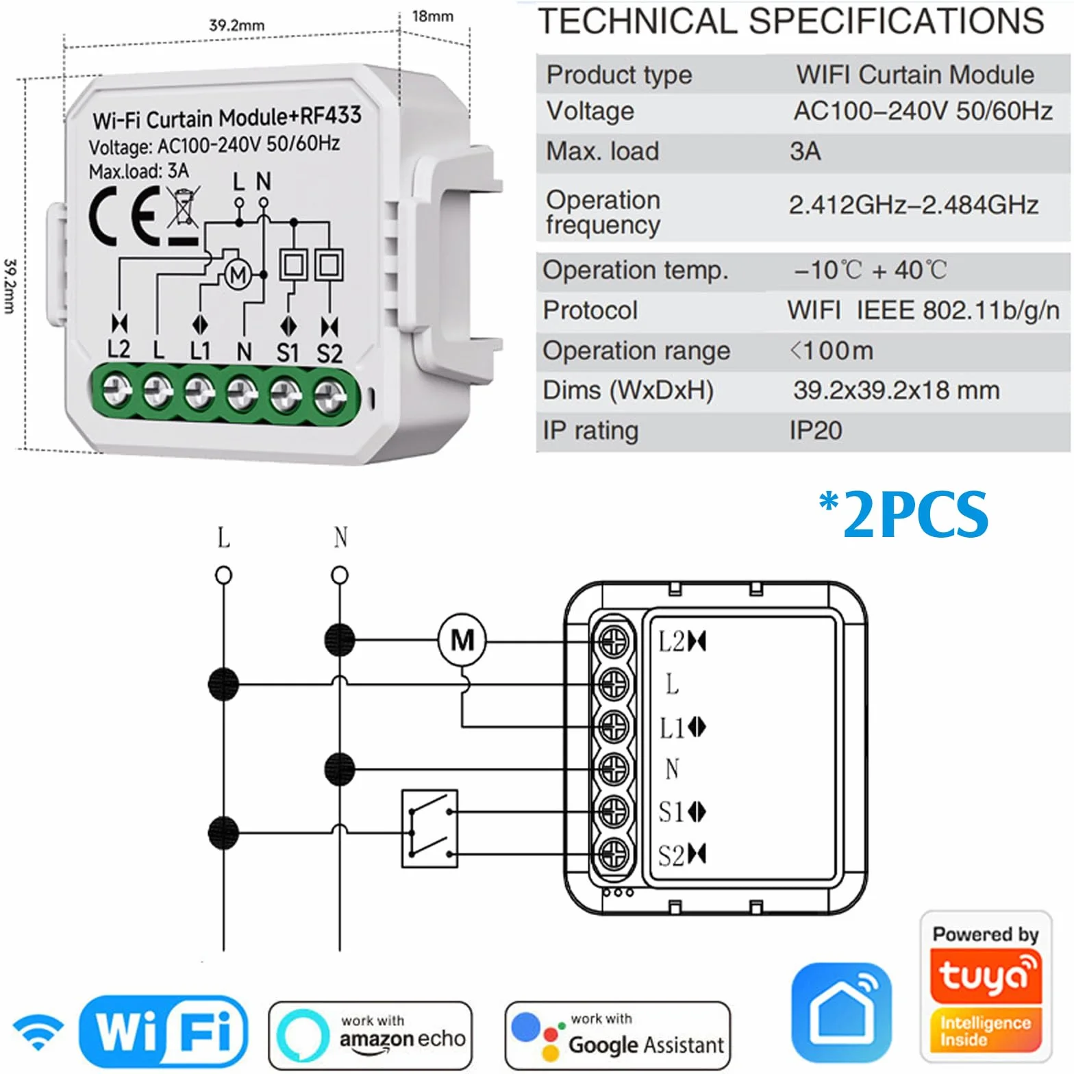 2 unidades de módulo de interruptor inteligente RF WIFI para persianas con control remoto RF de 433 MHz, adecuado para persianas, cortinas enrollables, toldos. Compatible con Alexa/Google Home