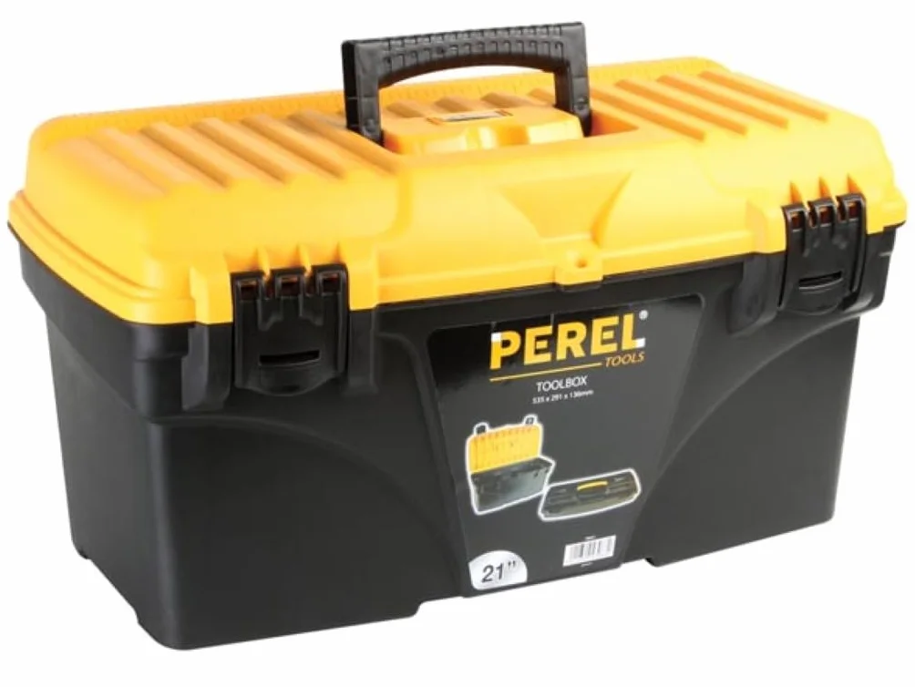Perel caja de herramientas 43,5L con bandeja extraíble, toolbox de plástico con asa plegable y cierres de plástico, maletín herramientas 53,5 x 29,1 x 28 cm