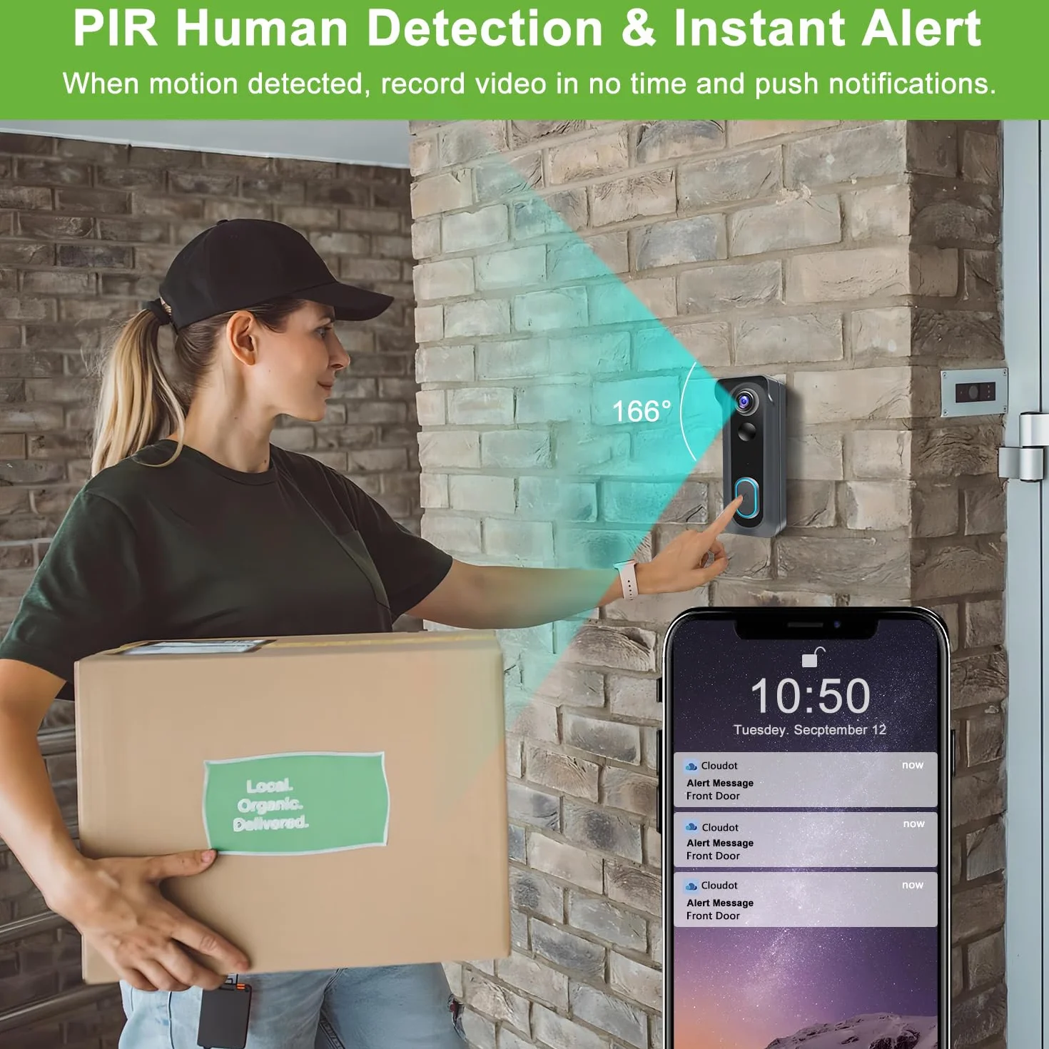 KAMEP Cámara de timbre de video inalámbrica WiFi 2K HD, detección PIR, audio bidireccional, visión nocturna, IP66