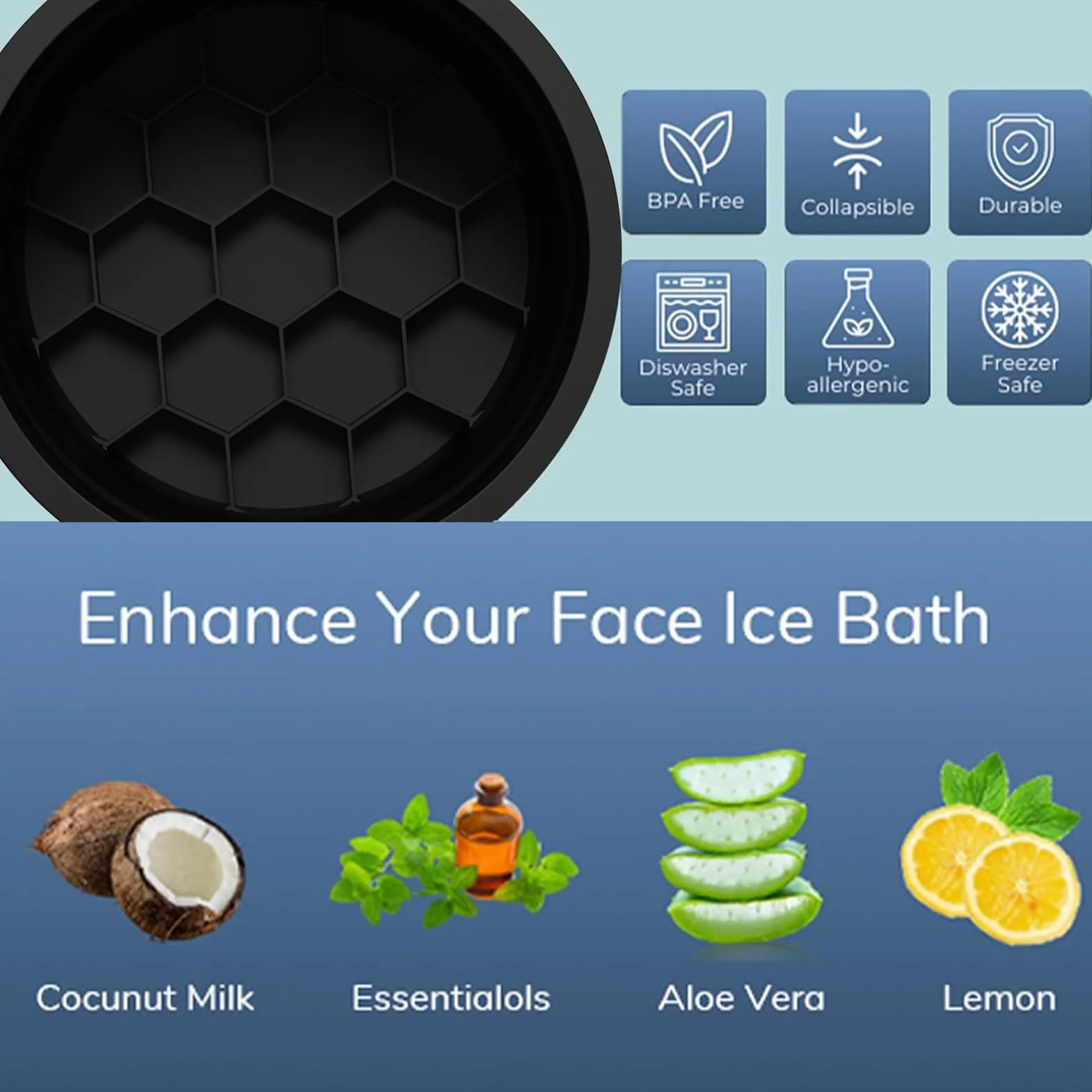 Cuenco facial de hielo, cuencos de inmersión de hielo de cara fría, 8.4 x 3.94 pulgadas, lavabo reafirmante de silicona para la belleza, diseño portátil ligero, ideal para el hogar, vacaciones, viajes