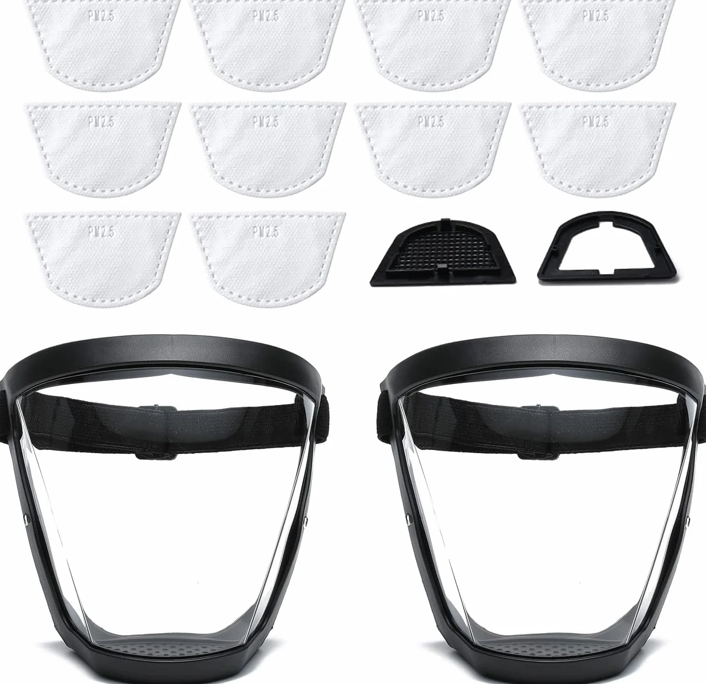 Vsier - Protector facial de plástico (2 unidades) - Equipo de protección facial completo para adultos unisex y adultos, reutilizable, antivaho, transparente, con correa ajustable