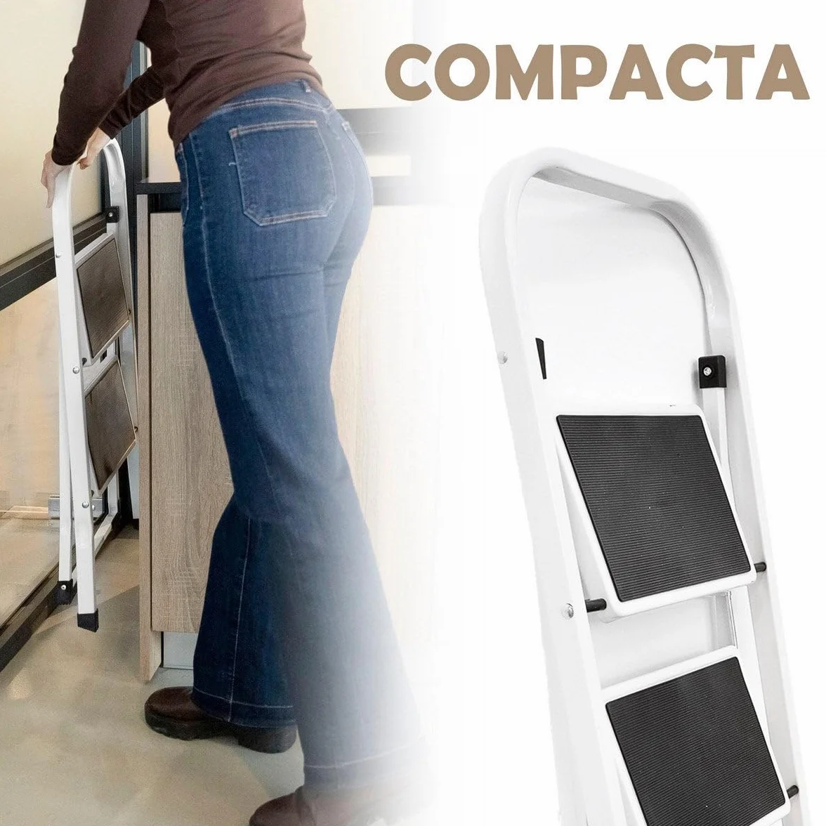 LOLAhome - Escalera Plegable de 2 peldaños Antideslizantes en Acero Blanco de 82 cm. Diseño Seguro y Ligero con asa, soporta 150 kg. Alcanza altillos o cuelga Cortinas fácilmente.