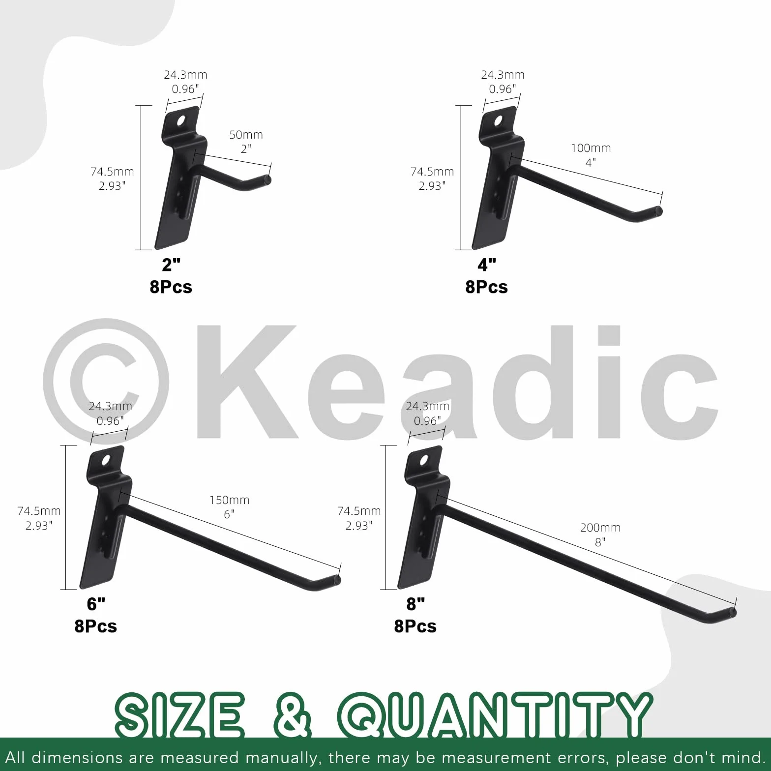 Keadic Juego surtido de 32 ganchos de pared de listones de 2/4/6/8 pulgadas, ganchos para colgar en la pared, ganchos resistentes para paneles de clavijas para garaje, tienda, minorista (negro)