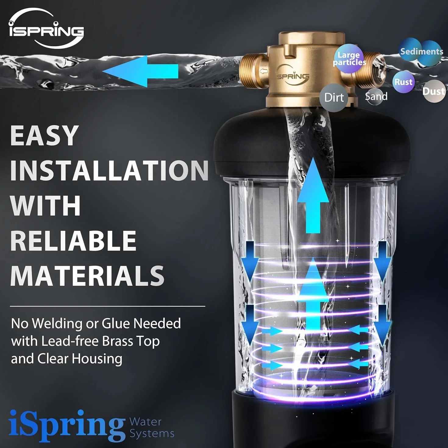 iSpring WSP50ARJ, Certificado NSF, Filtro de Sedimentos de Giro, Tamaño Jumbo Mejorado, Gran Capacidad, Reutilizable con Módulo de Flushing Automático de Pantalla Táctil, Latón, 50 Micrones