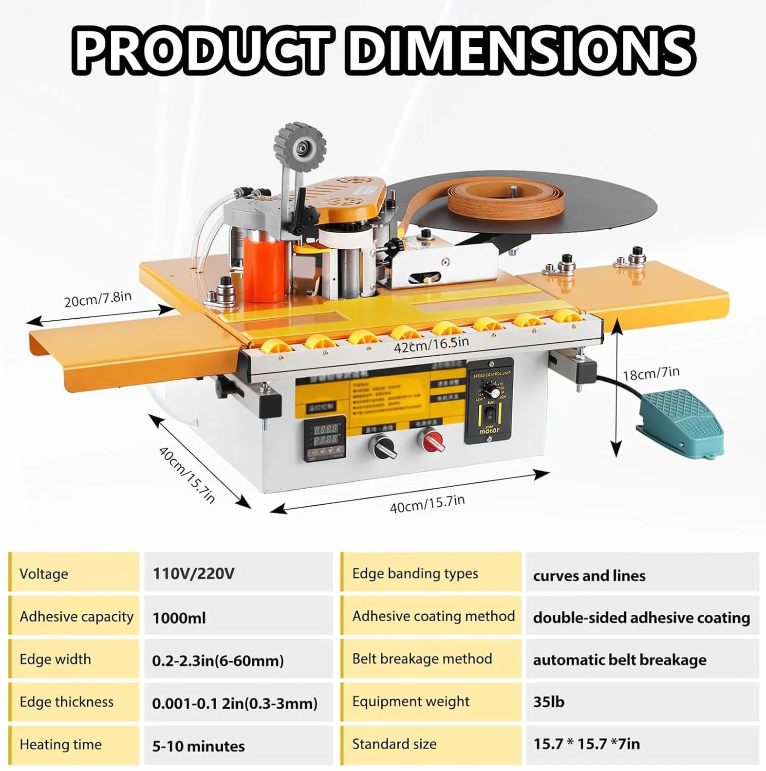 Encoladora de Cantos Automática 1200 W, Canteadora para Madera Curva/Recta, Ancho de Banda 6-60 mm
