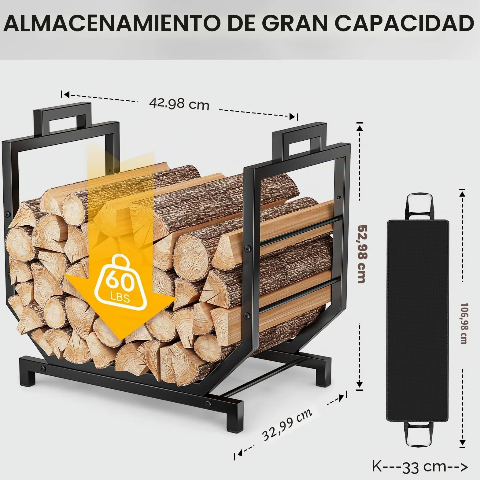 Leñero en Forma de U Reforzado Leñero Interior Exterior Metal 250lbs 4 Patas con Bolsa Transporte para Chimenea Jardín 43x53x33cm Negro Antideslizante