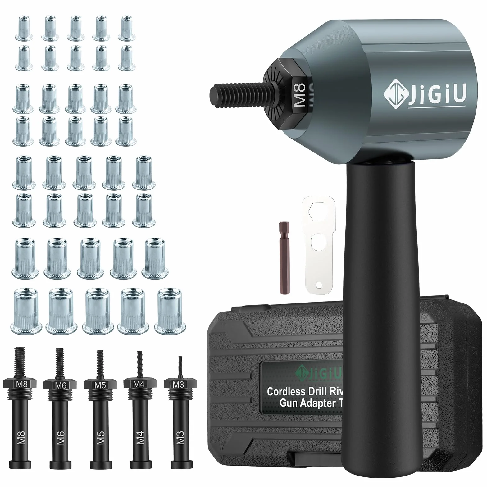JiGiU Adaptador de Taladro de Tuerca Remachadora Electrica con 5 Mandriles (M3 M4 M5 M6 M8) y 40 Tuercas Fácil de Instalar para Mantenimiento Mecánico de Automóviles