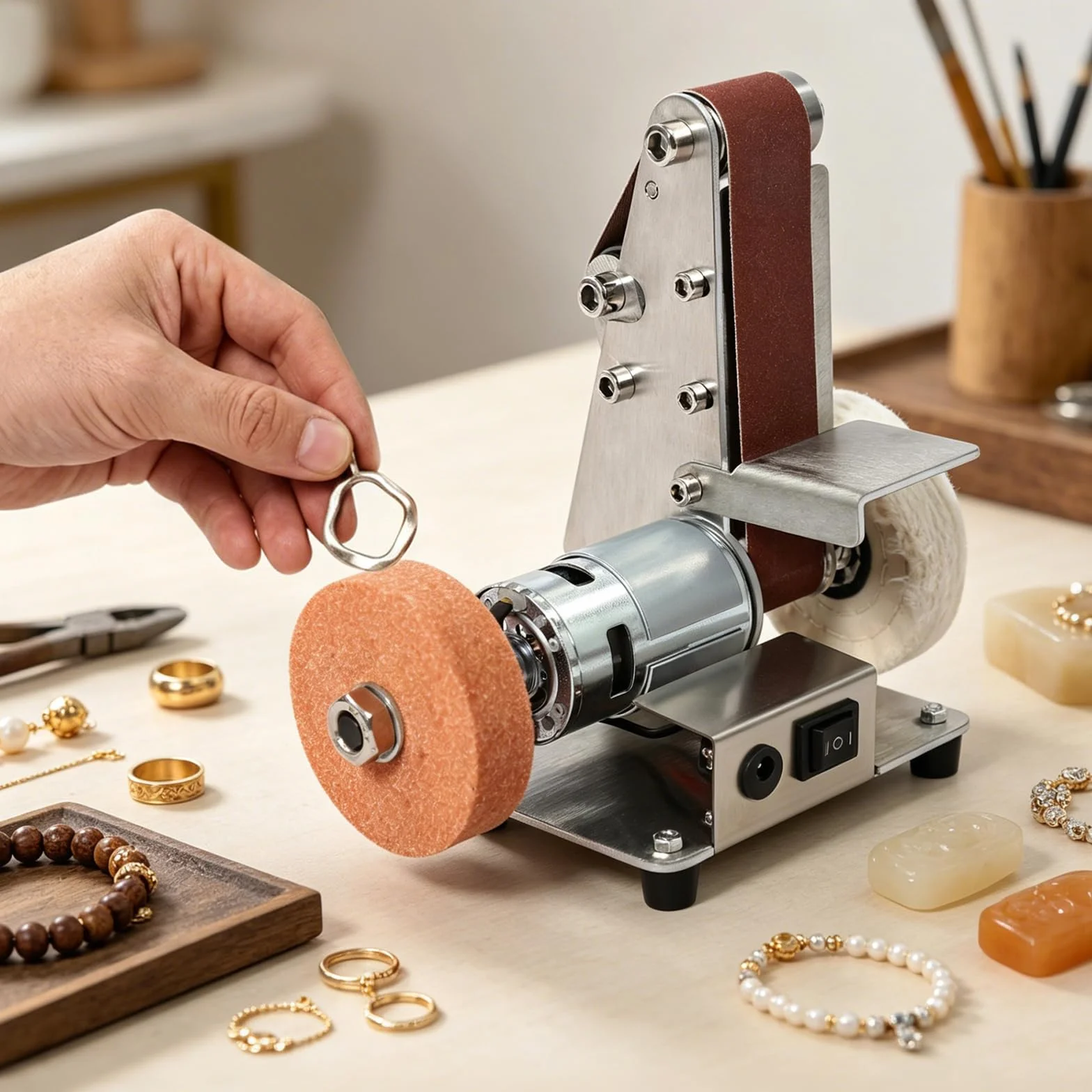Lijadora de banda, lijadora de 7 velocidades, 9000 rpm, plataforma ajustable, pulidora de banda, lijadora de disco para trabajos de madera DIY, trabajos de metal, fabricación de cuchillos