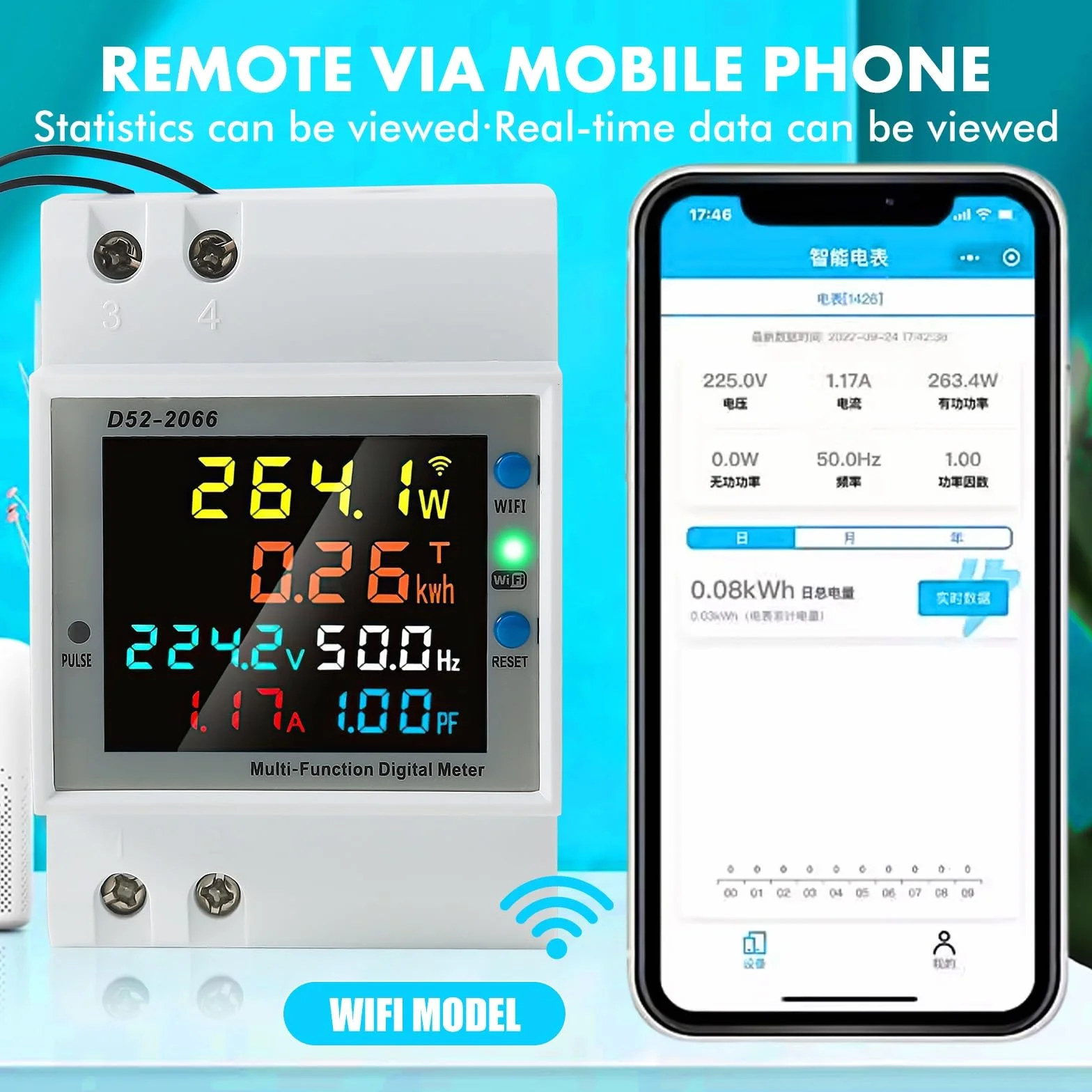 Jadeshay Medidor de Energía WiFi, AC 40-300V 100A Contador Electrico Digital Multifuncional Voltímetro Amperímetro para Medición del Consumo Eléctrico Voltaje Corriente Factor Potencia Frecuencia