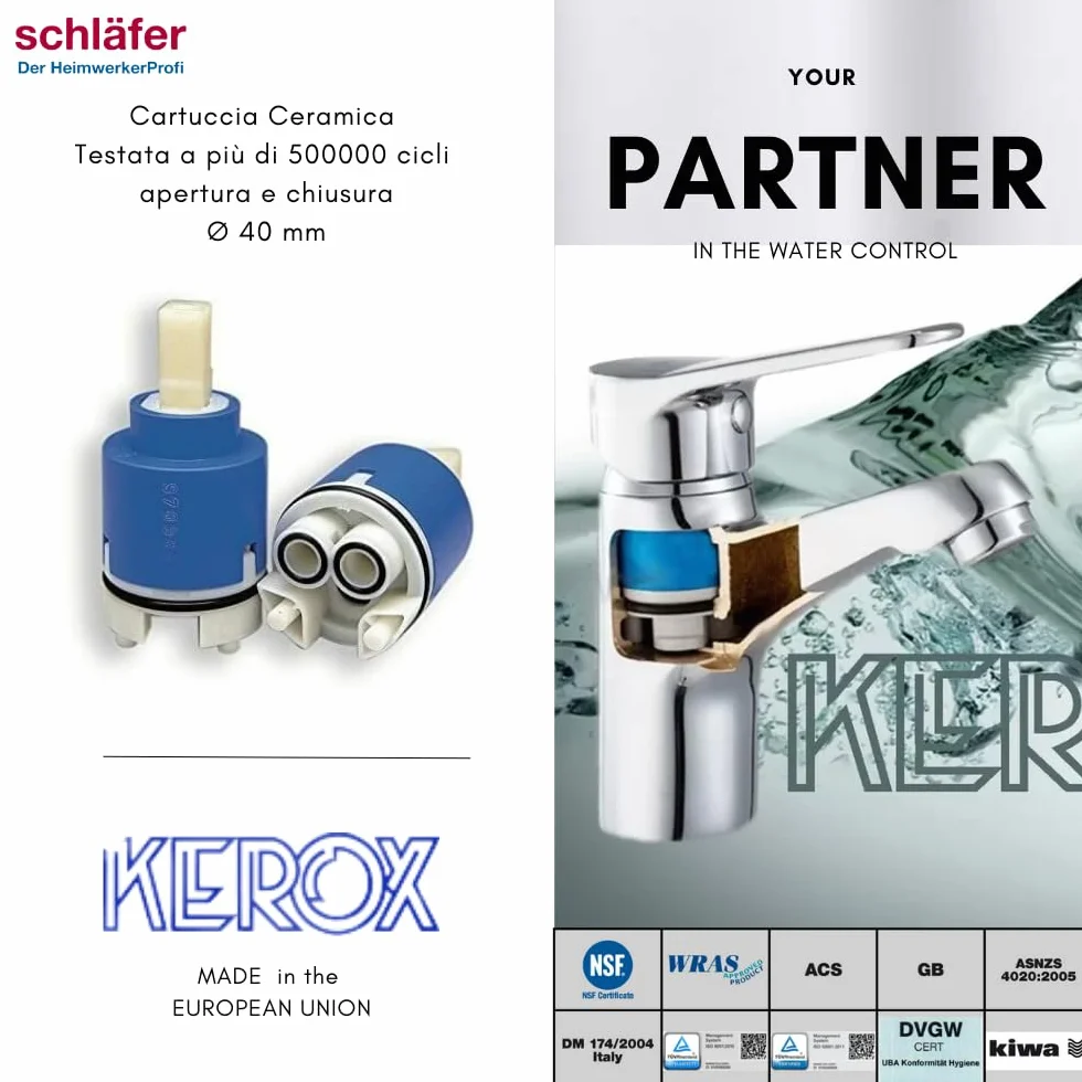 Schläfer 480061 | Cartucho mezclador de 40 mm, cartucho de repuesto para mezcladores de cerámica alta de 2 patas para grifos mezcladores de cocina, baño, ducha y bañera, modelo Kerox K40-B